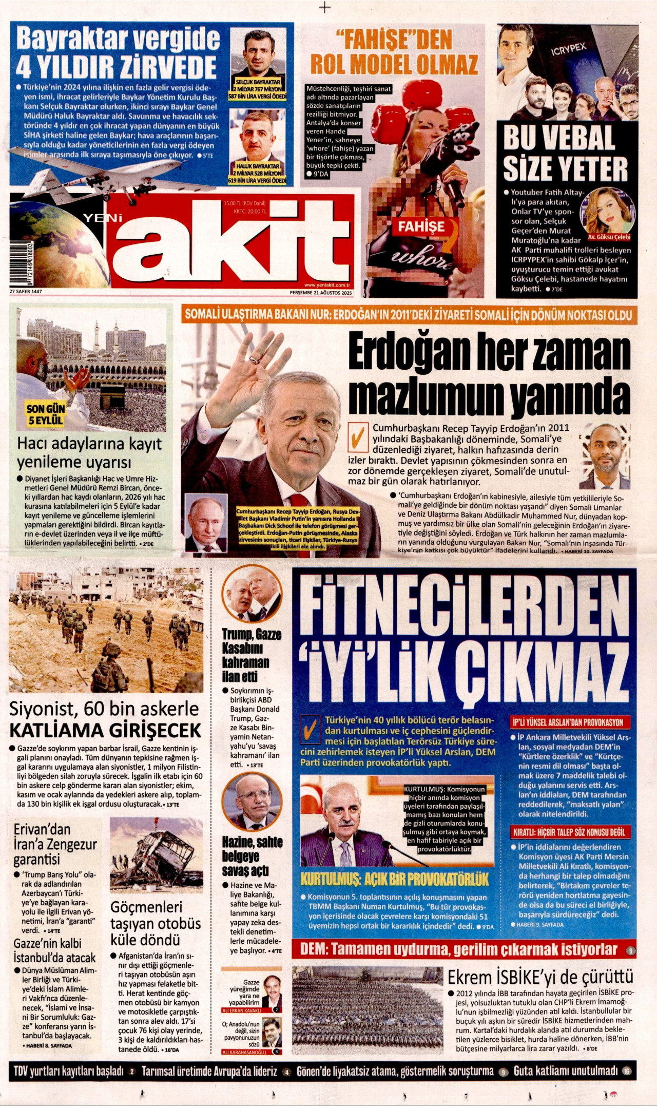 YENİ AKİT gazetesinin 21 Ağustos 2025 tarihli birinci sayfası