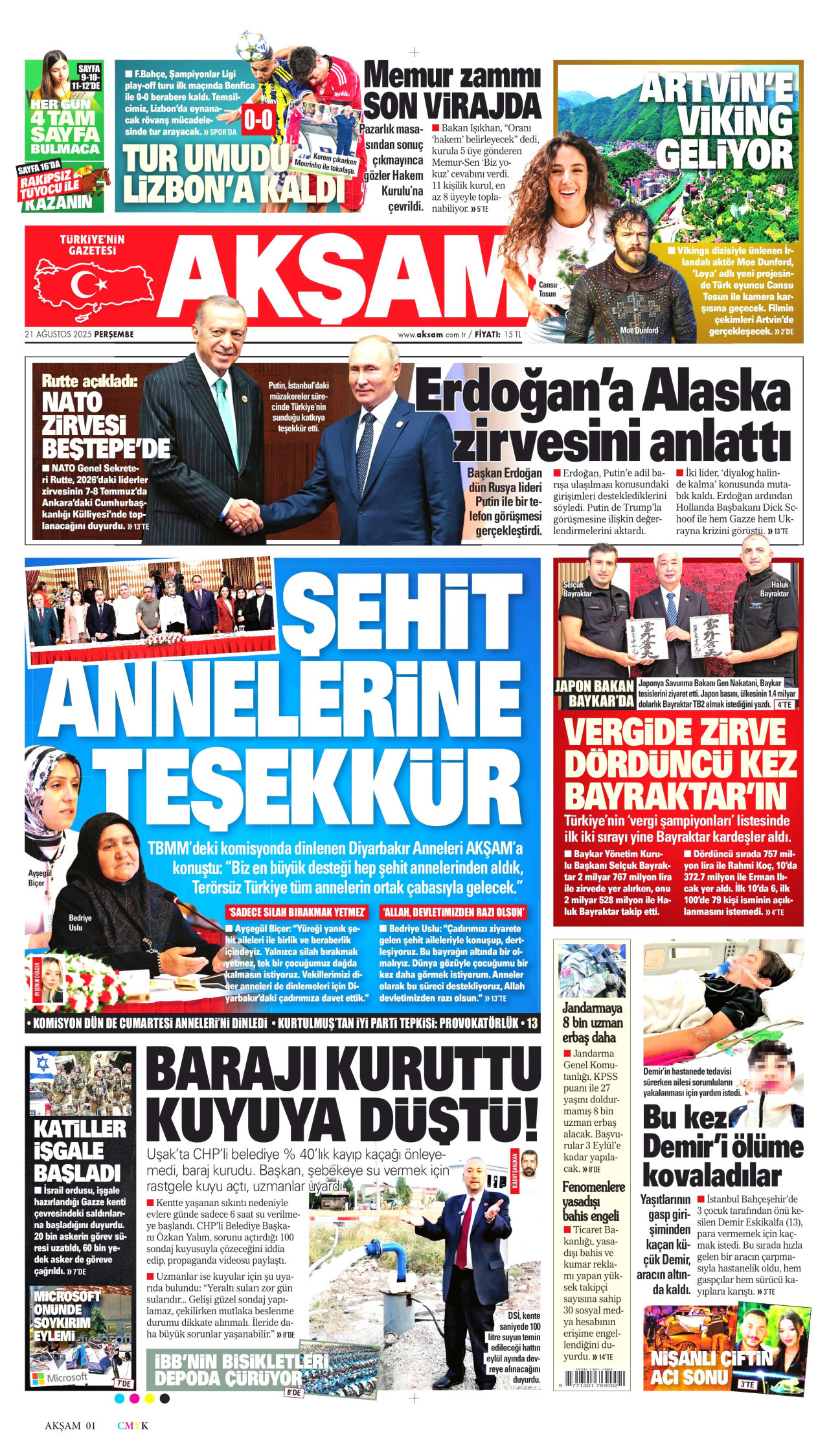 AKŞAM gazetesinin 21 Ağustos 2025 tarihli birinci sayfası