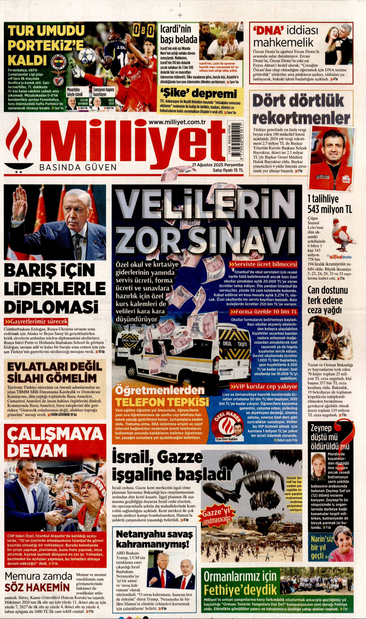 MİLLİYET gazetesinin 21 Ağustos 2025 tarihli birinci sayfası