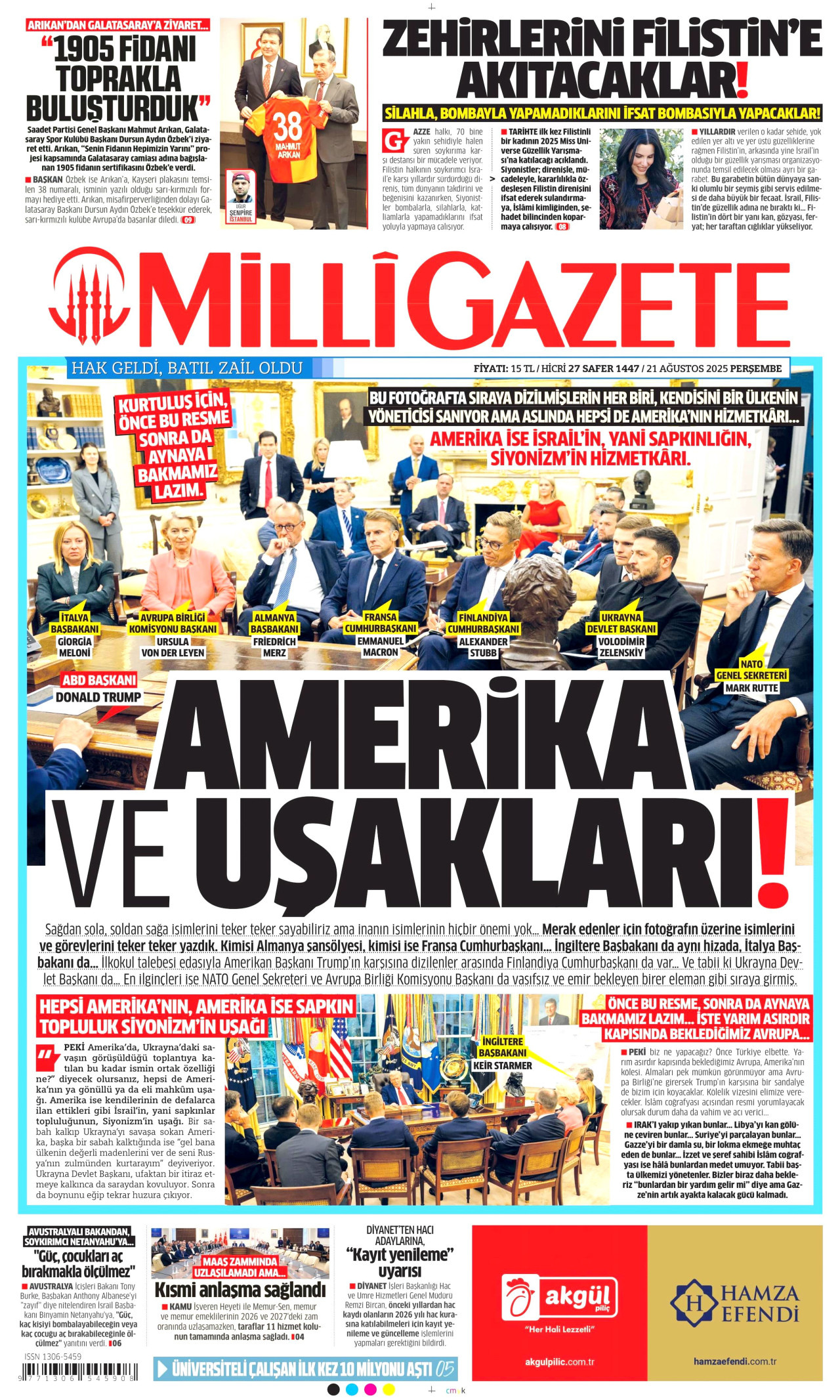MİLLİ GAZETE gazetesinin 21 Ağustos 2025 tarihli birinci sayfası