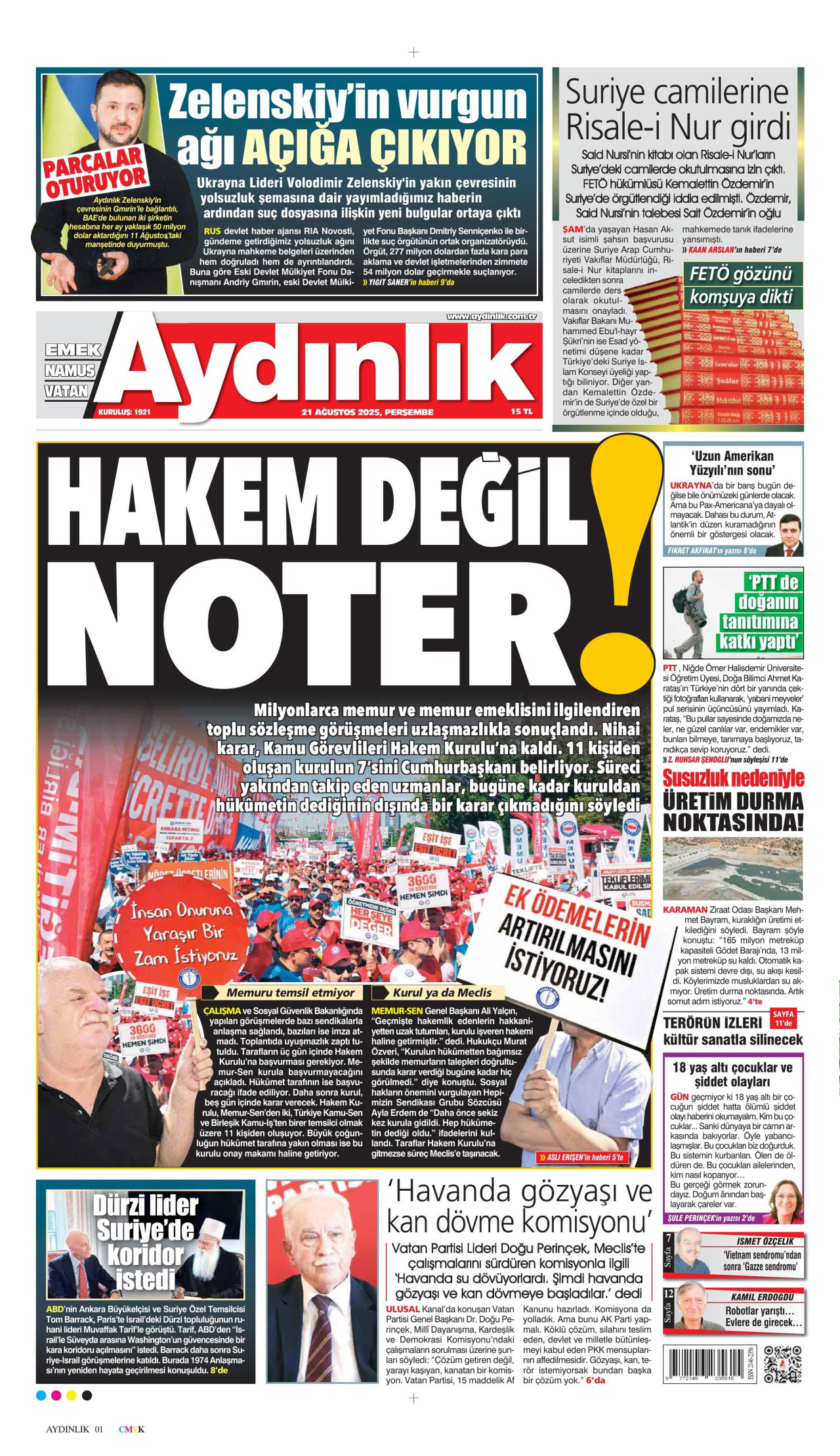 AYDINLIK GAZETESİ gazetesinin 21 Ağustos 2025 tarihli birinci sayfası