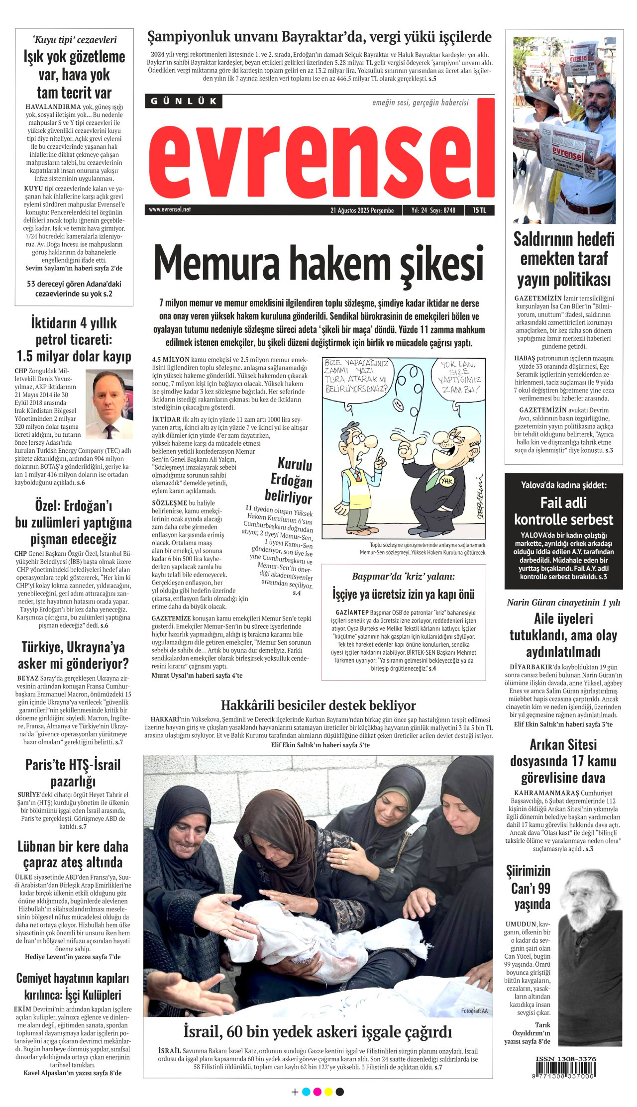EVRENSEL gazetesinin 21 Ağustos 2025 tarihli birinci sayfası