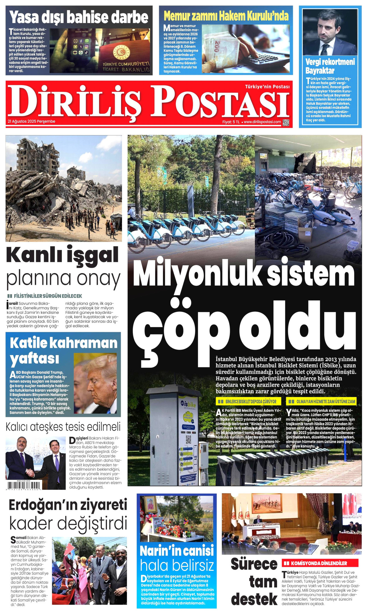 DİRİLİŞ POSTASI gazetesinin 21 Ağustos 2025 tarihli birinci sayfası