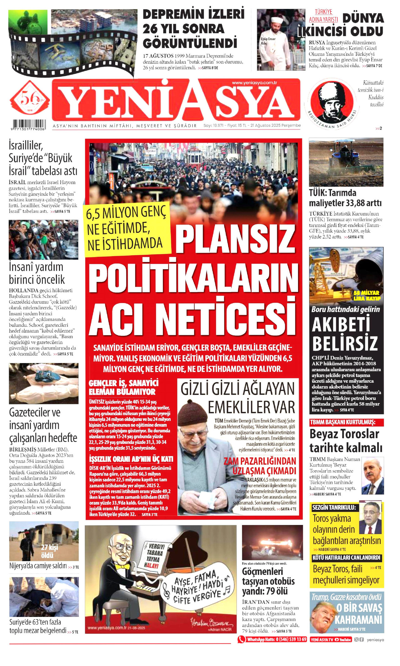 YENİ ASYA gazetesinin 21 Ağustos 2025 tarihli birinci sayfası
