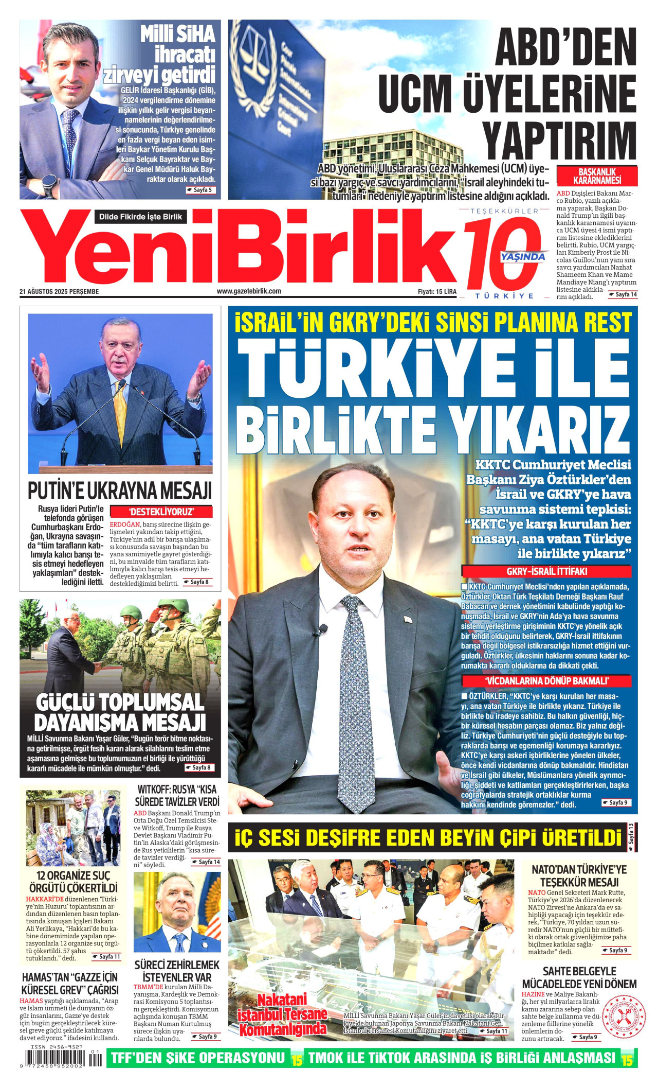 YENİBİRLİK gazetesinin 21 Ağustos 2025 tarihli birinci sayfası