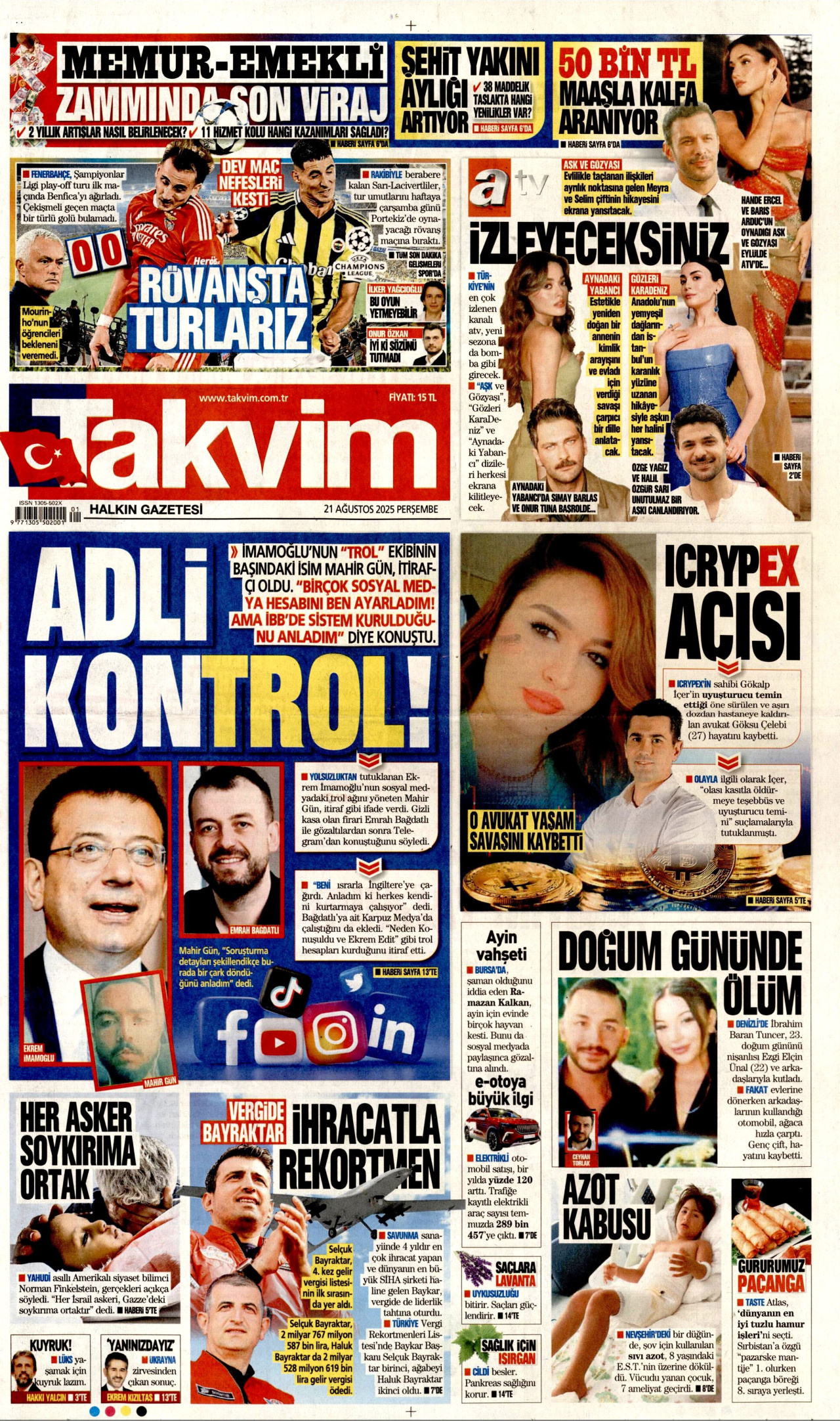 TAKVİM gazetesinin 21 Ağustos 2025 tarihli birinci sayfası