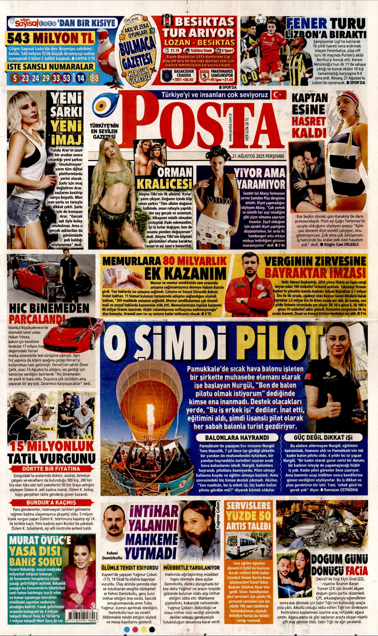 POSTA gazetesinin 21 Ağustos 2025 tarihli birinci sayfası