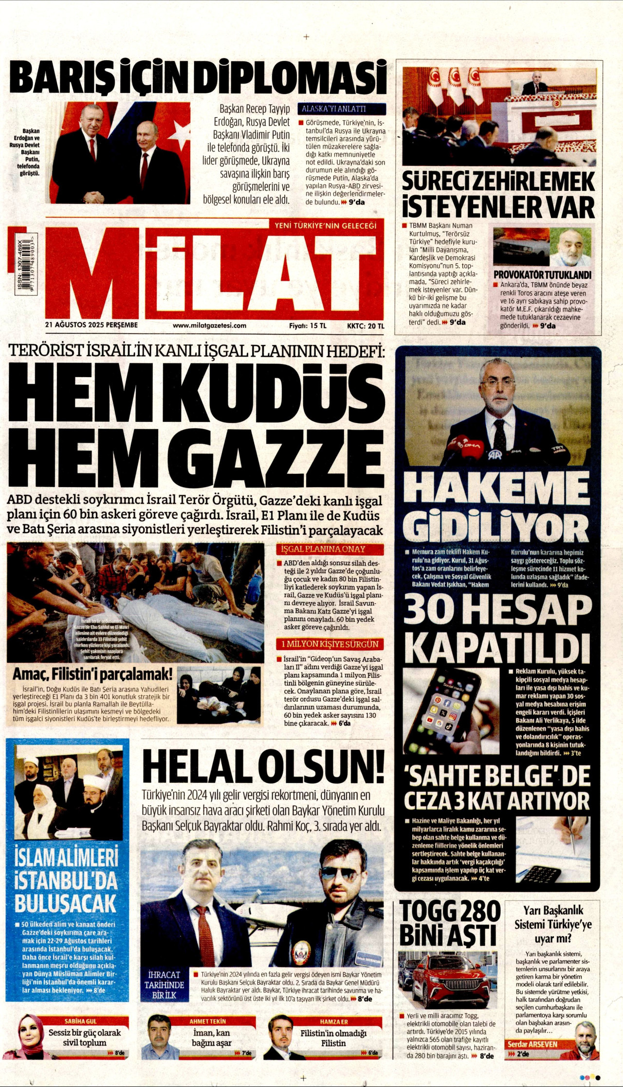 MİLAT gazetesinin 21 Ağustos 2025 tarihli birinci sayfası