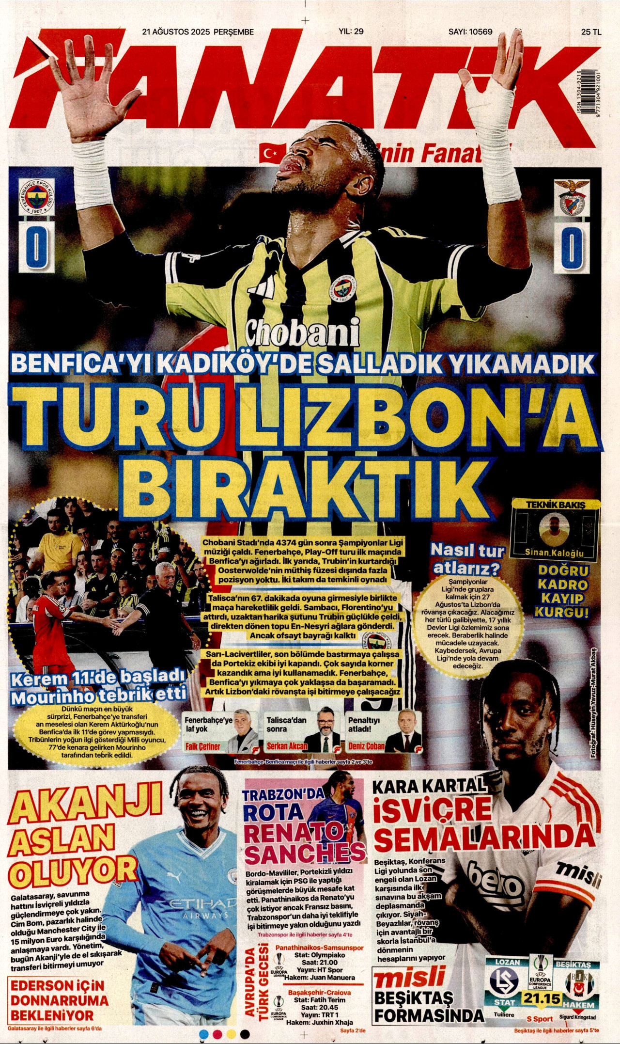 FANATİK gazetesinin 21 Ağustos 2025 tarihli birinci sayfası
