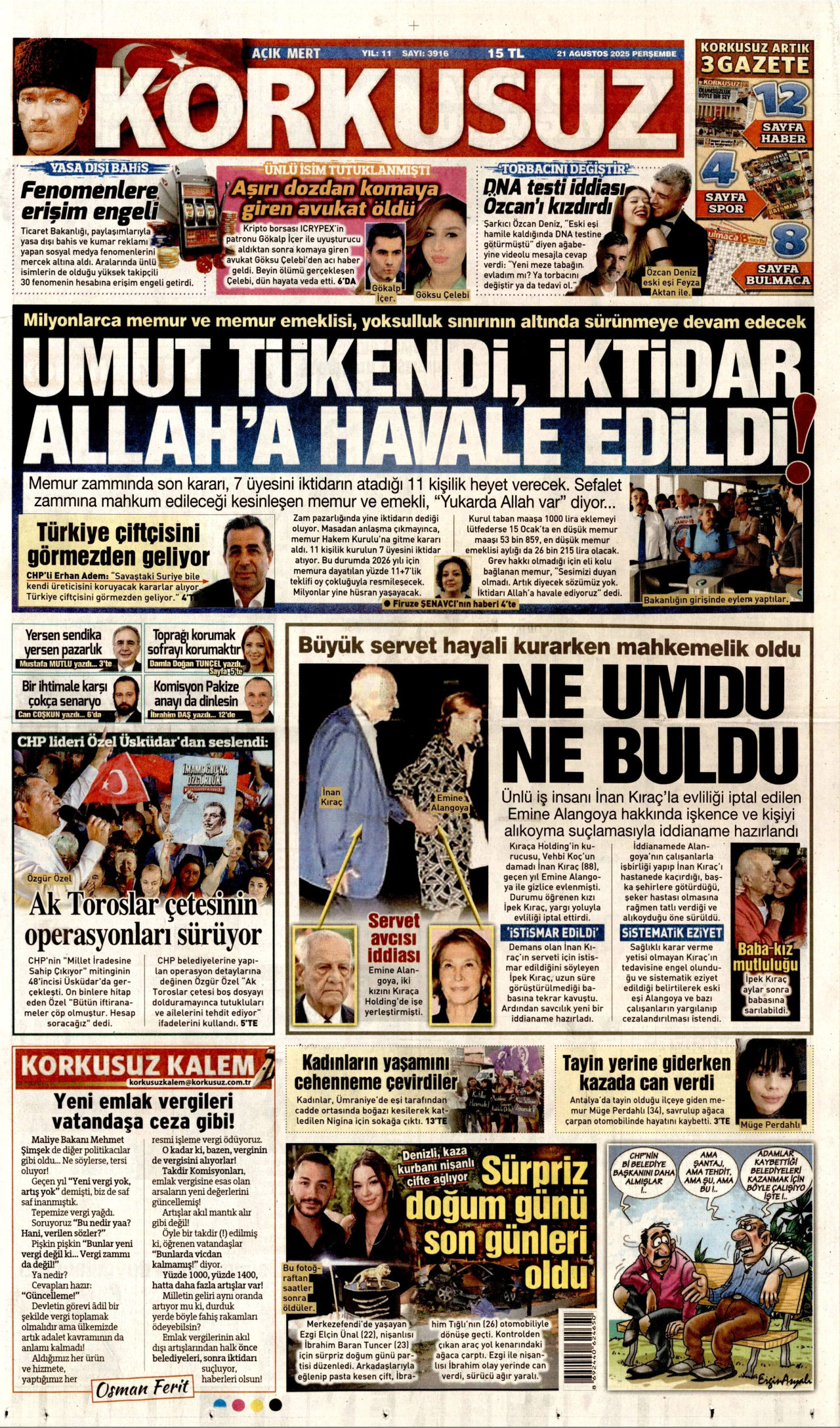 KORKUSUZ gazetesinin 21 Ağustos 2025 tarihli birinci sayfası