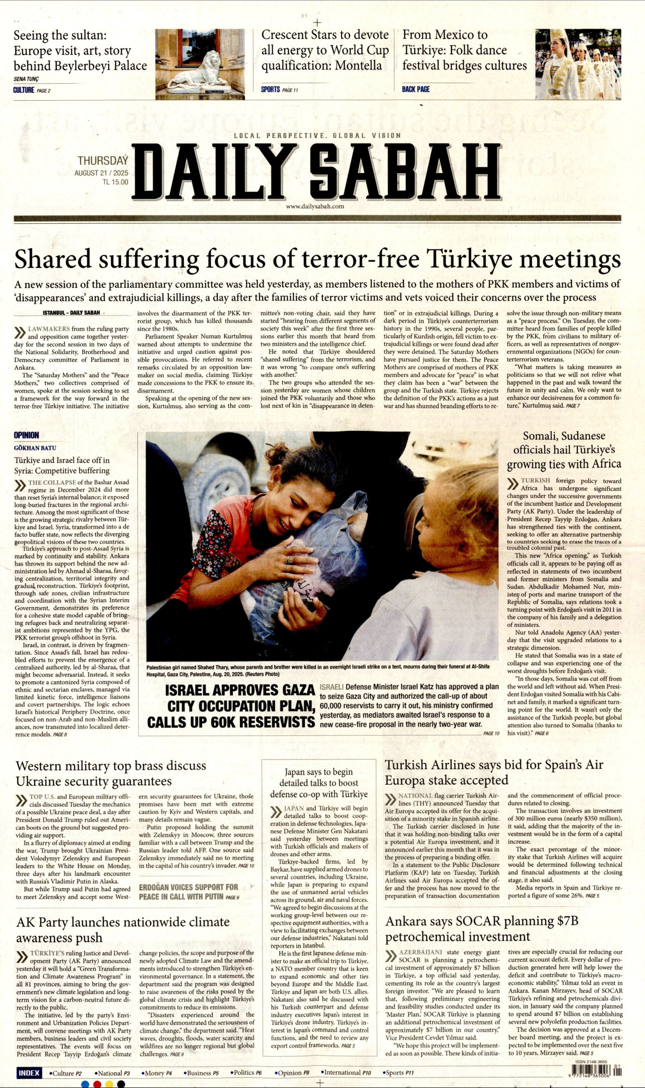 DAİLY SABAH gazetesinin 21 Ağustos 2025 tarihli birinci sayfası