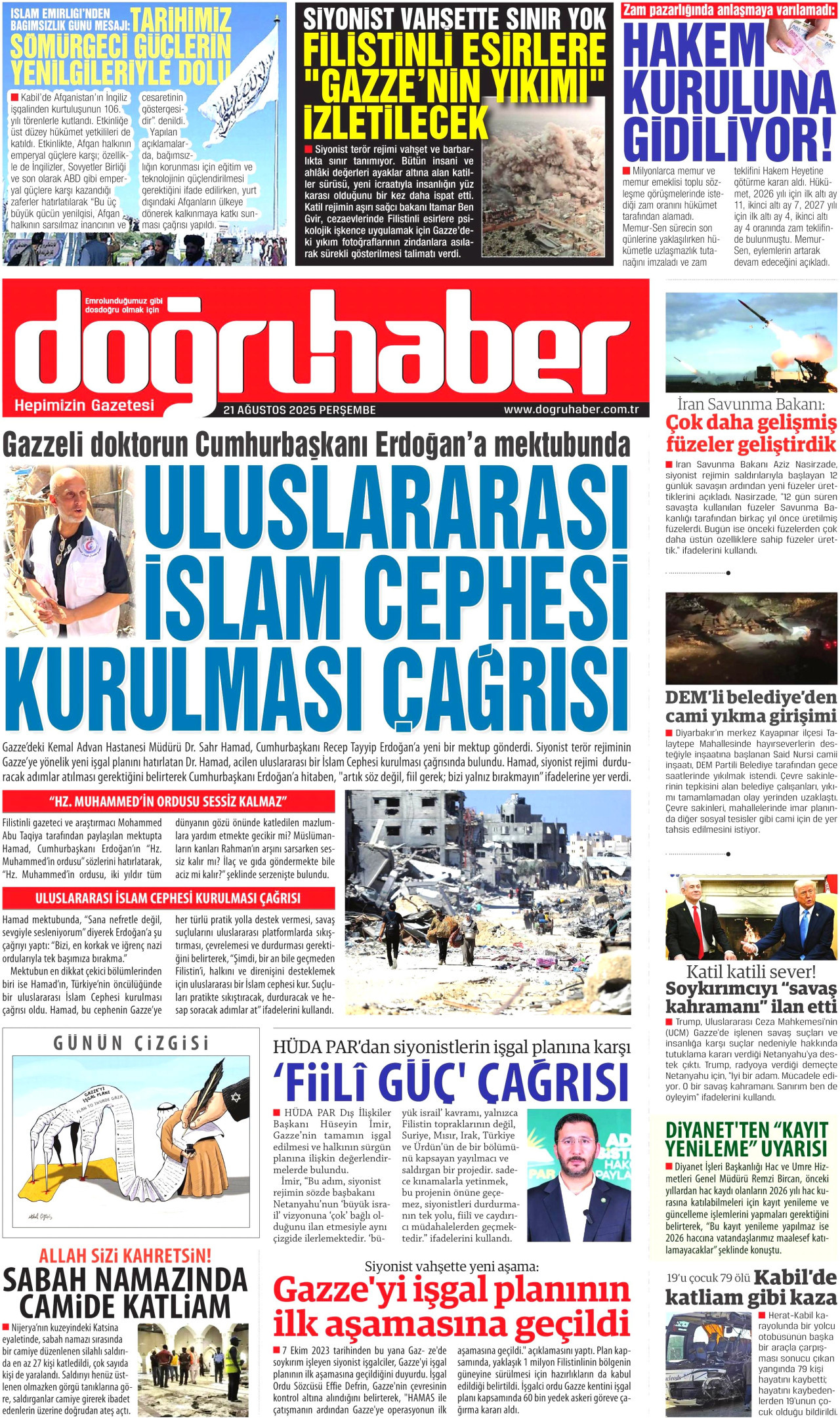 DOĞRU HABER gazetesinin 21 Ağustos 2025 tarihli birinci sayfası