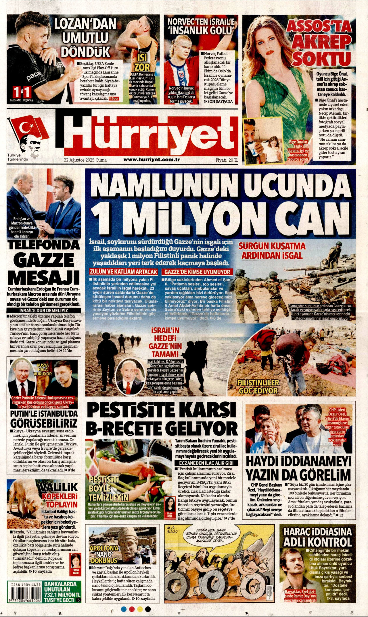HÜRRİYET gazetesinin 22 Ağustos 2025 tarihli birinci sayfası