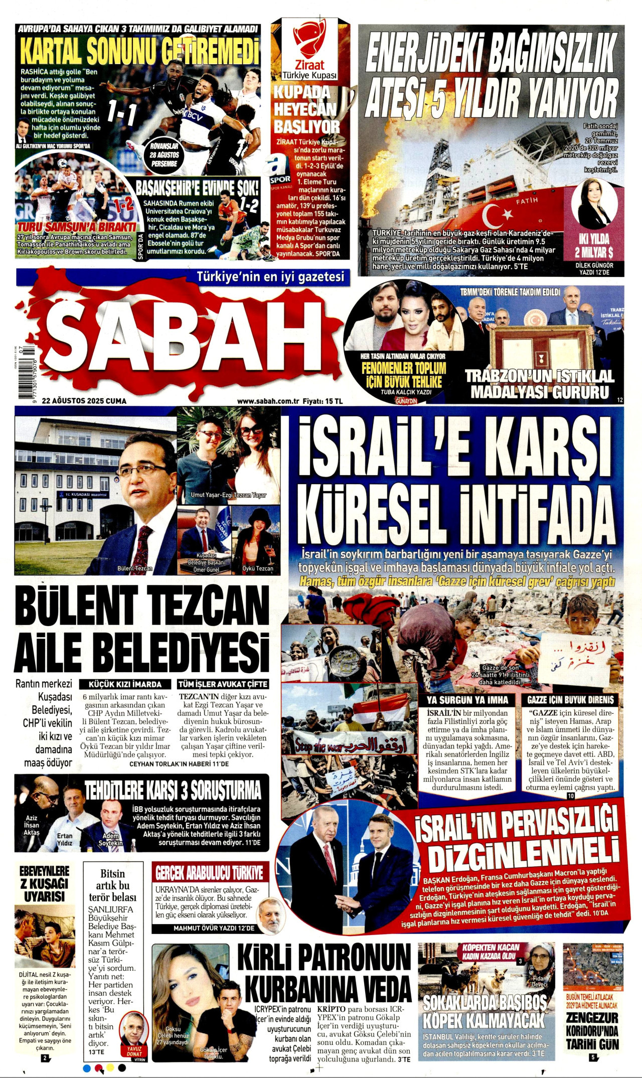 SABAH gazetesinin 22 Ağustos 2025 tarihli birinci sayfası