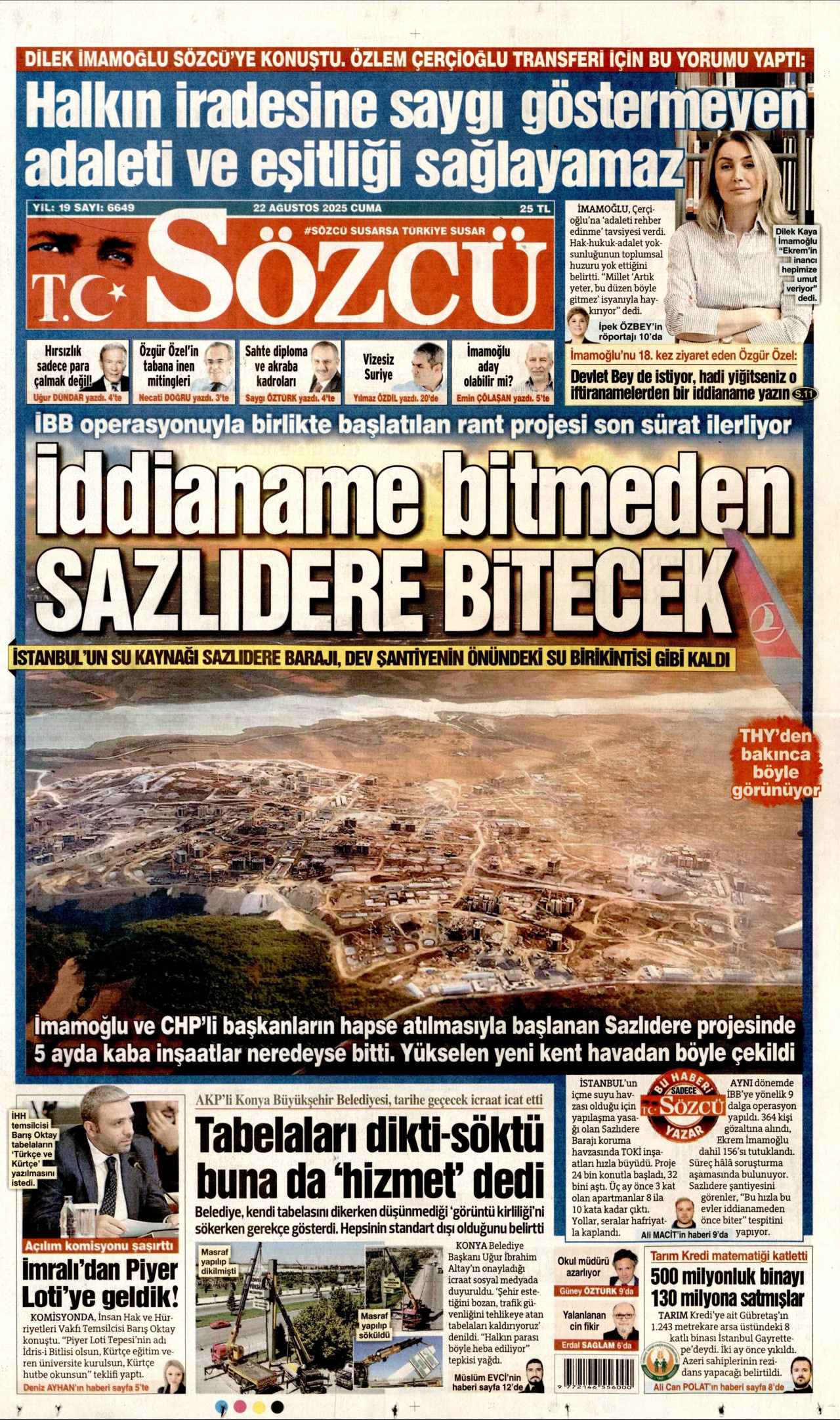 SÖZCÜ gazetesinin 22 Ağustos 2025 tarihli birinci sayfası