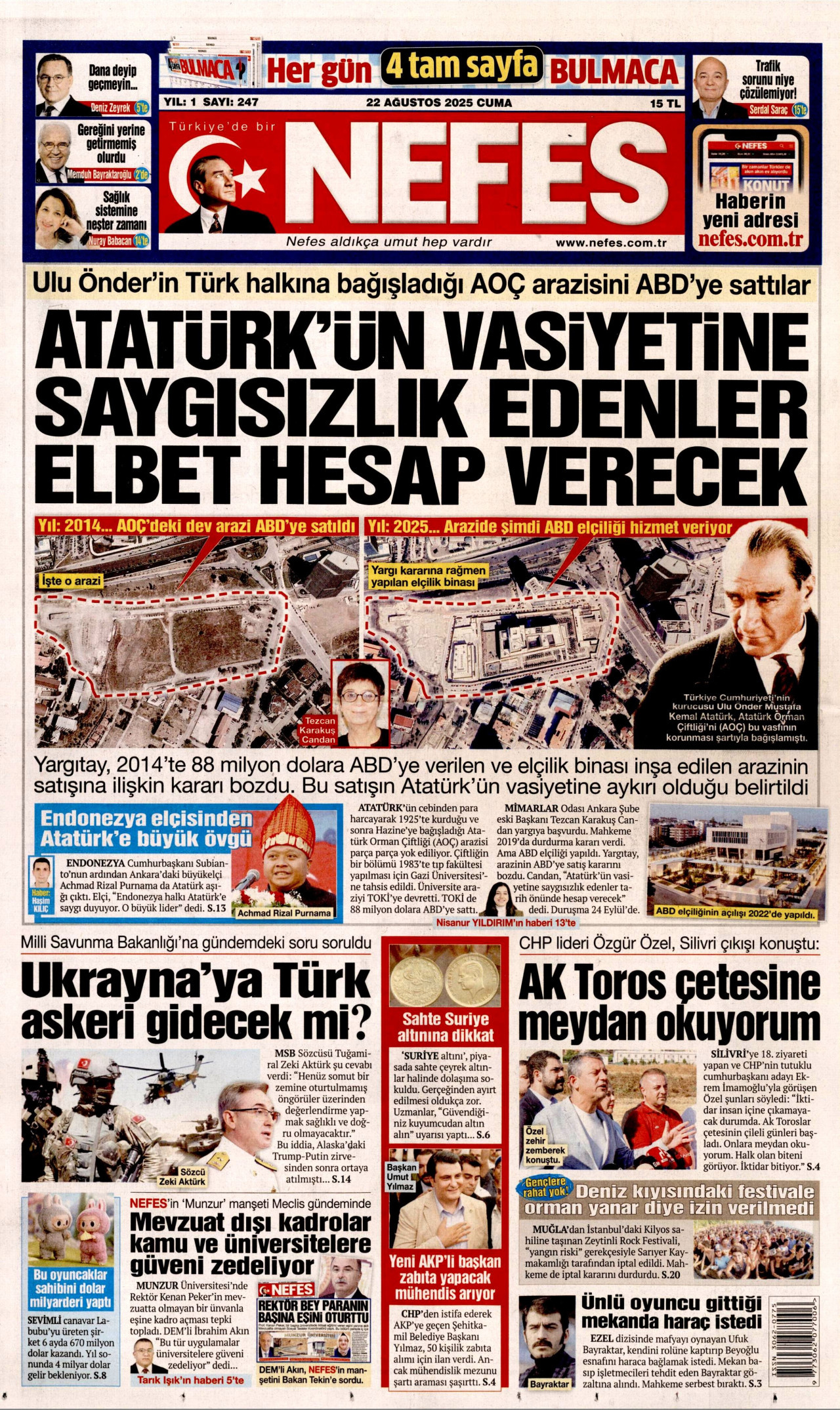 NEFES gazetesinin 22 Ağustos 2025 tarihli birinci sayfası