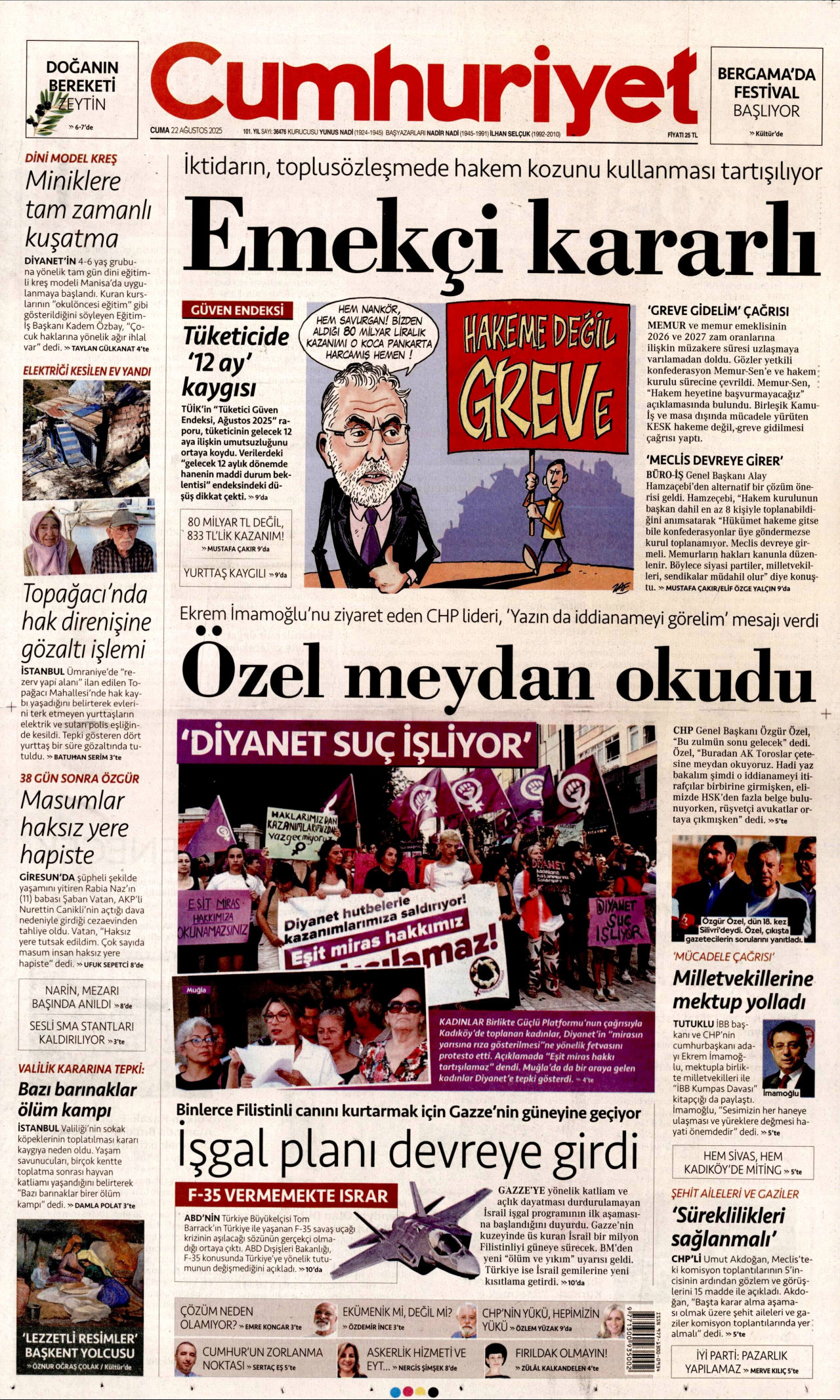 CUMHURİYET gazetesinin 22 Ağustos 2025 tarihli birinci sayfası