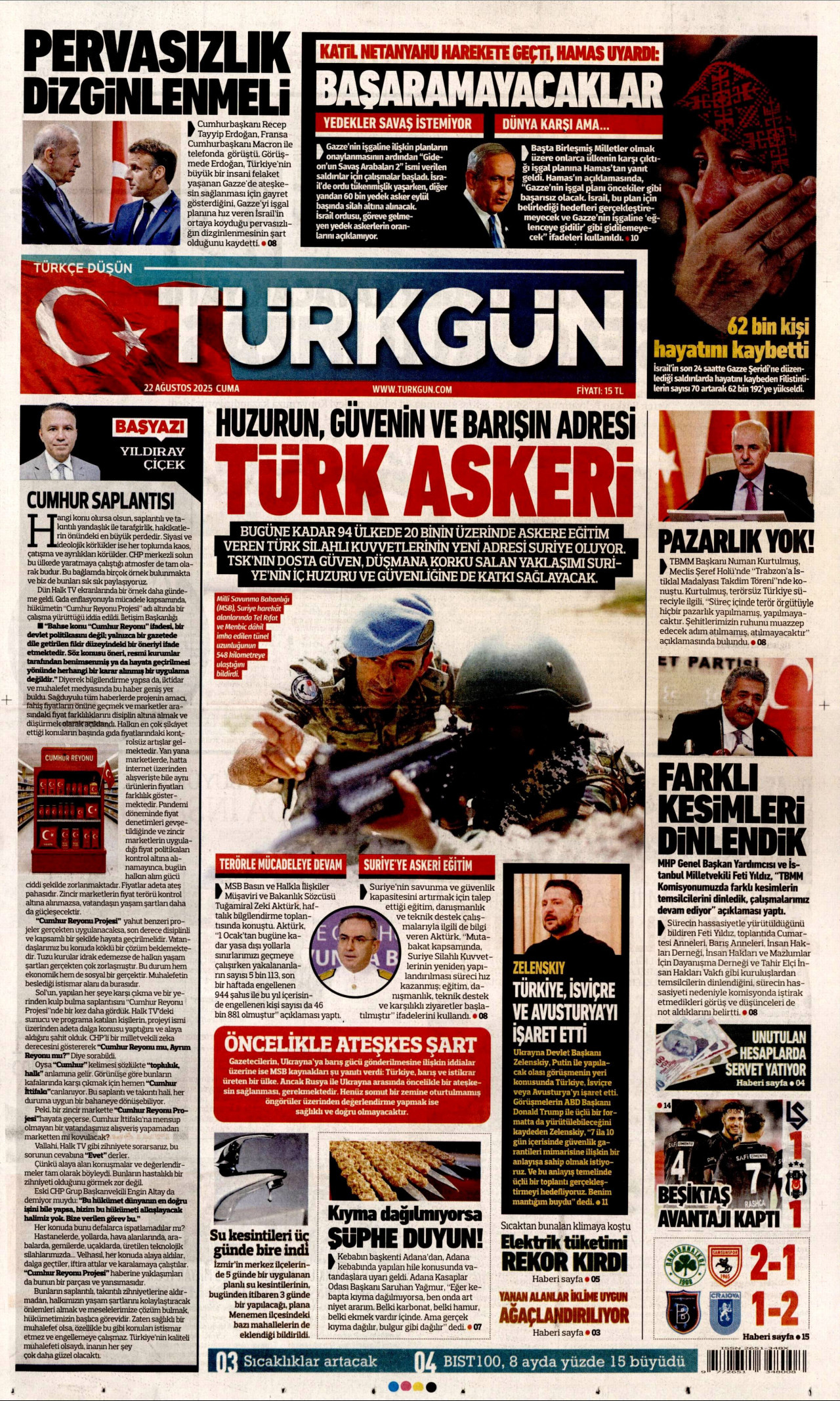 TÜRKGÜN gazetesinin 22 Ağustos 2025 tarihli birinci sayfası