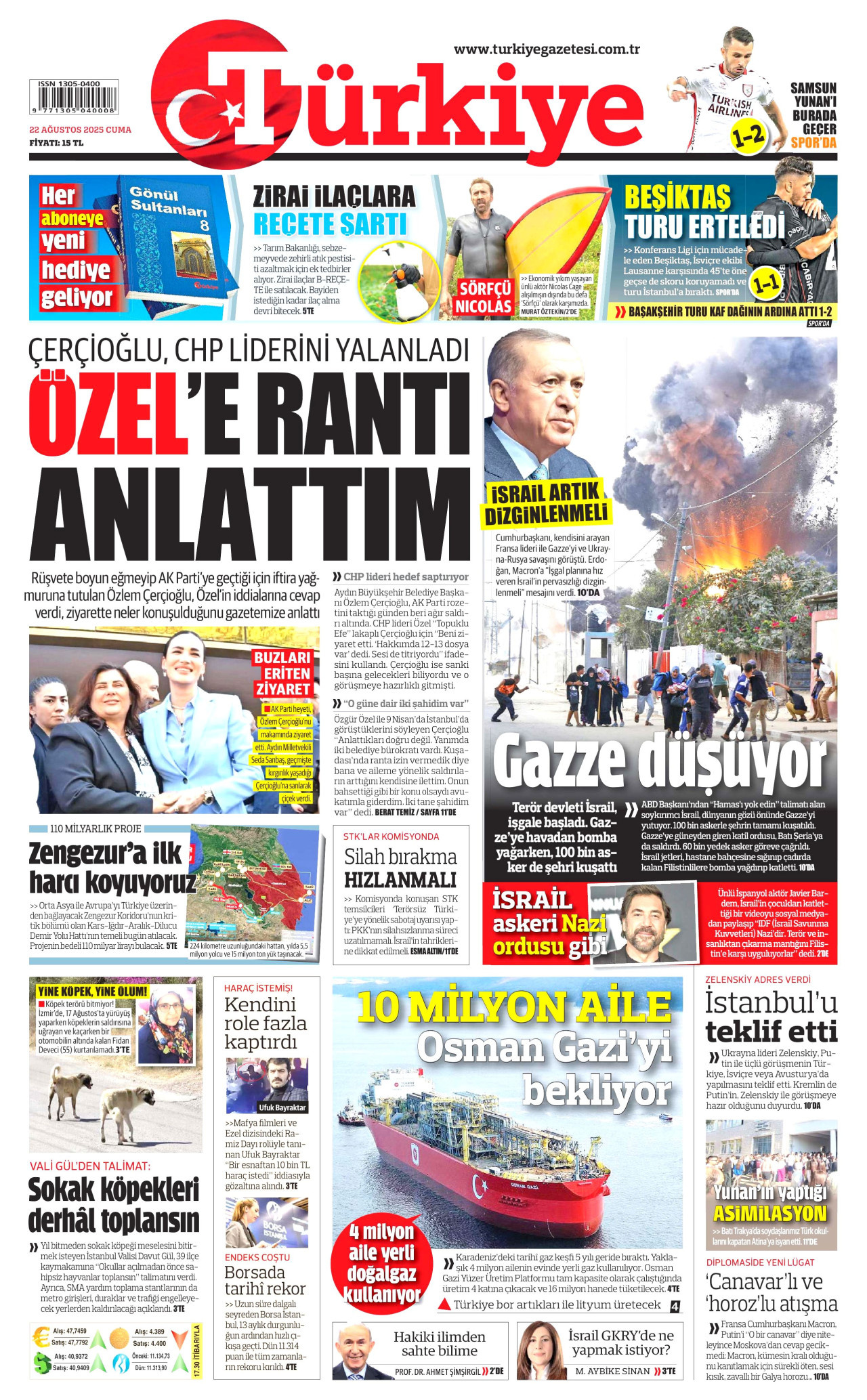 TÜRKİYE GAZETESİ gazetesinin 22 Ağustos 2025 tarihli birinci sayfası