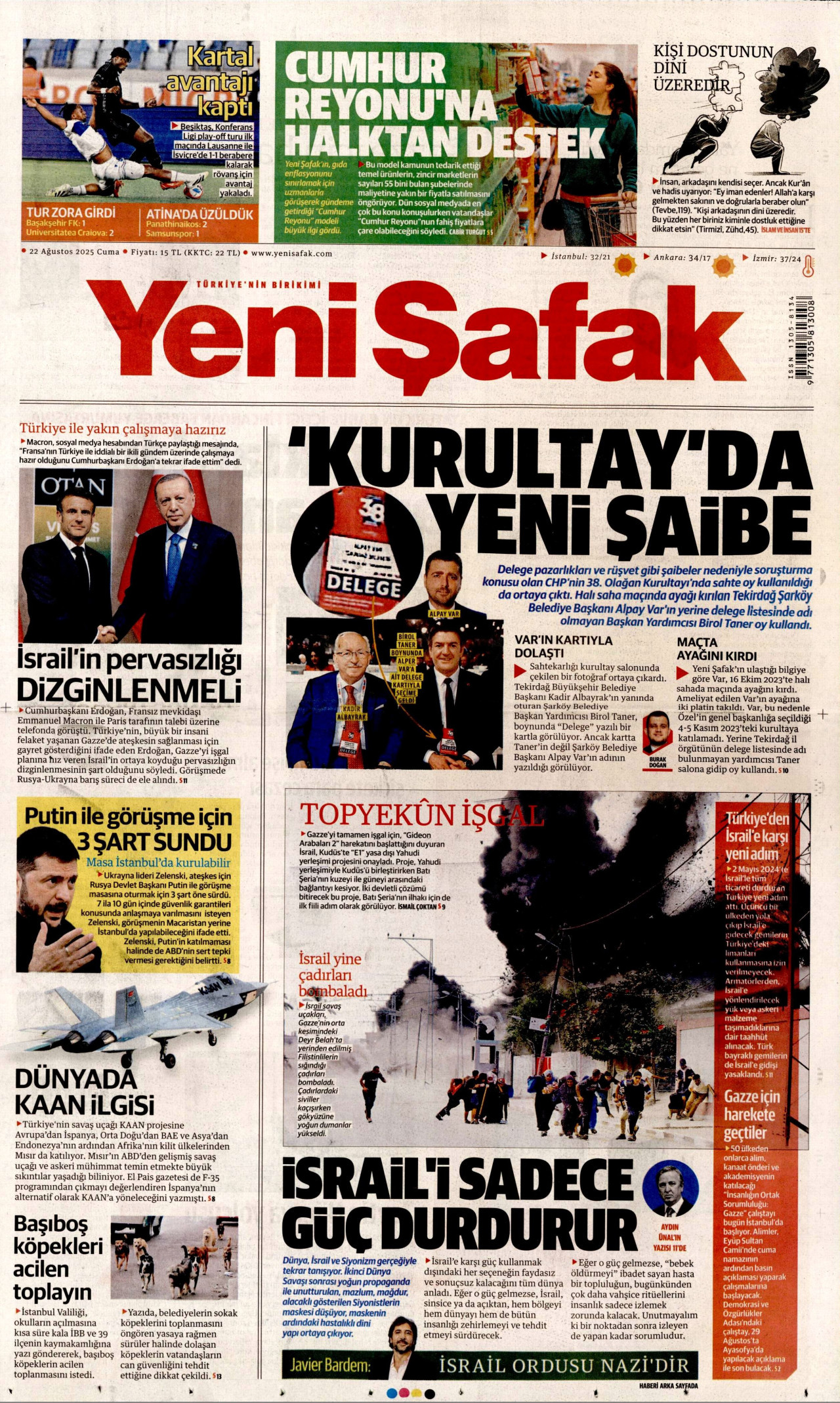 YENİ ŞAFAK gazetesinin 22 Ağustos 2025 tarihli birinci sayfası