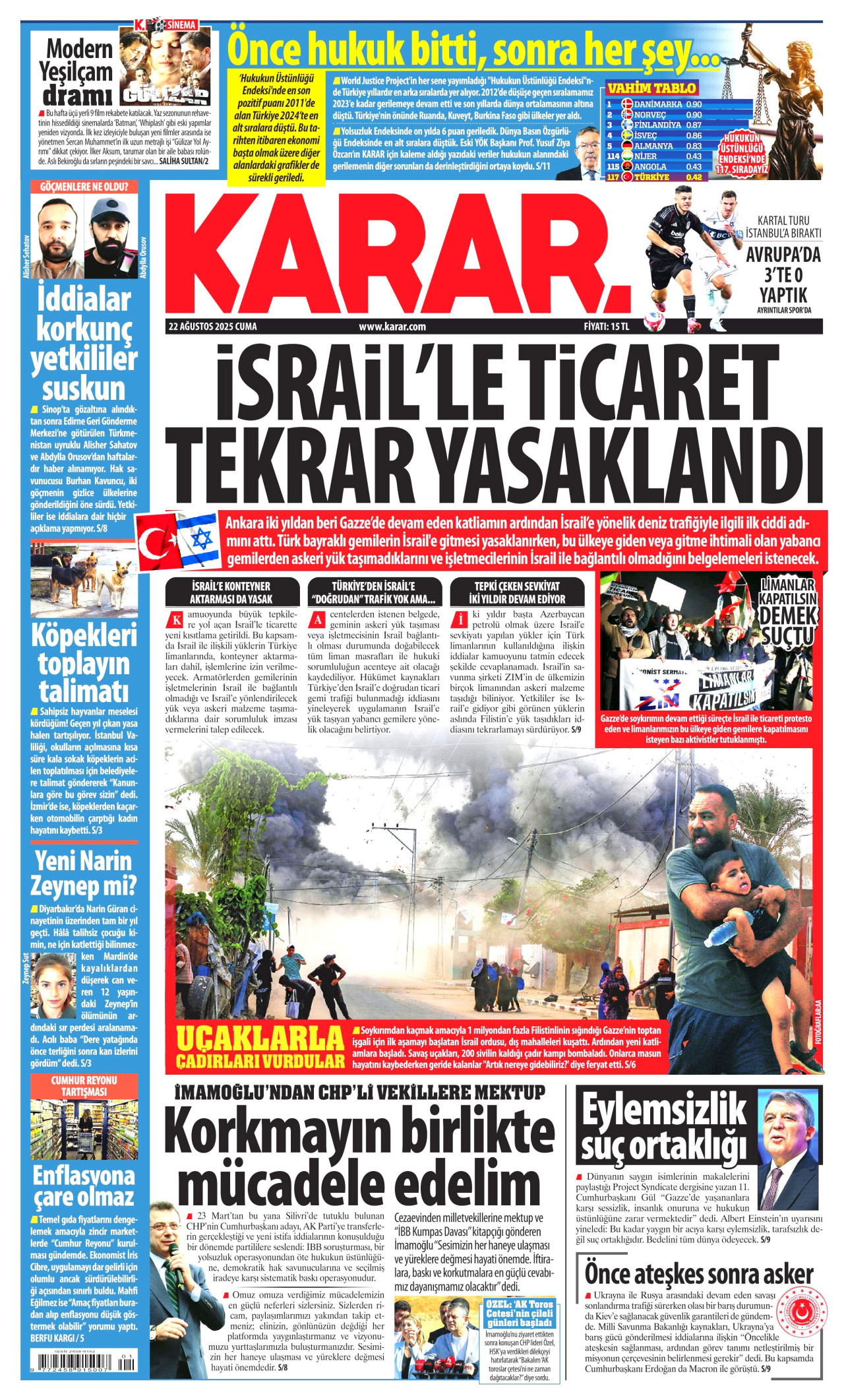 KARAR gazetesinin 22 Ağustos 2025 tarihli birinci sayfası