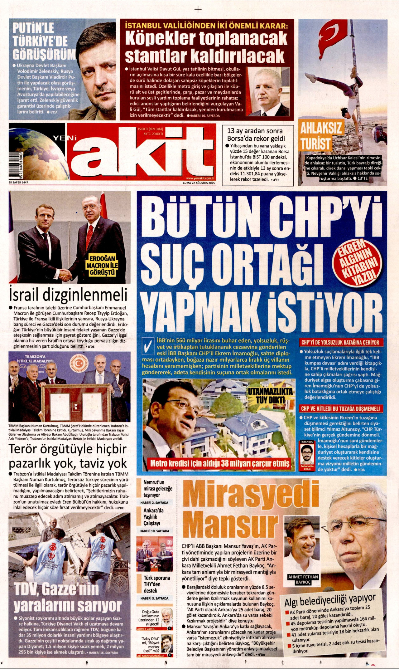 YENİ AKİT gazetesinin 22 Ağustos 2025 tarihli birinci sayfası