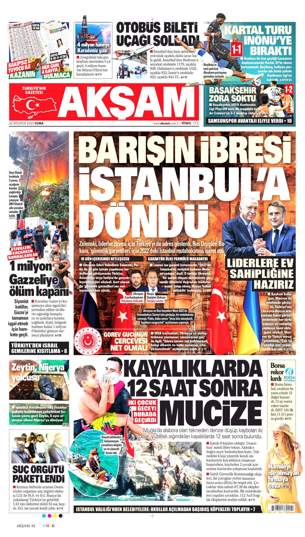 AKŞAM gazetesinin 22 Ağustos 2025 tarihli birinci sayfası
