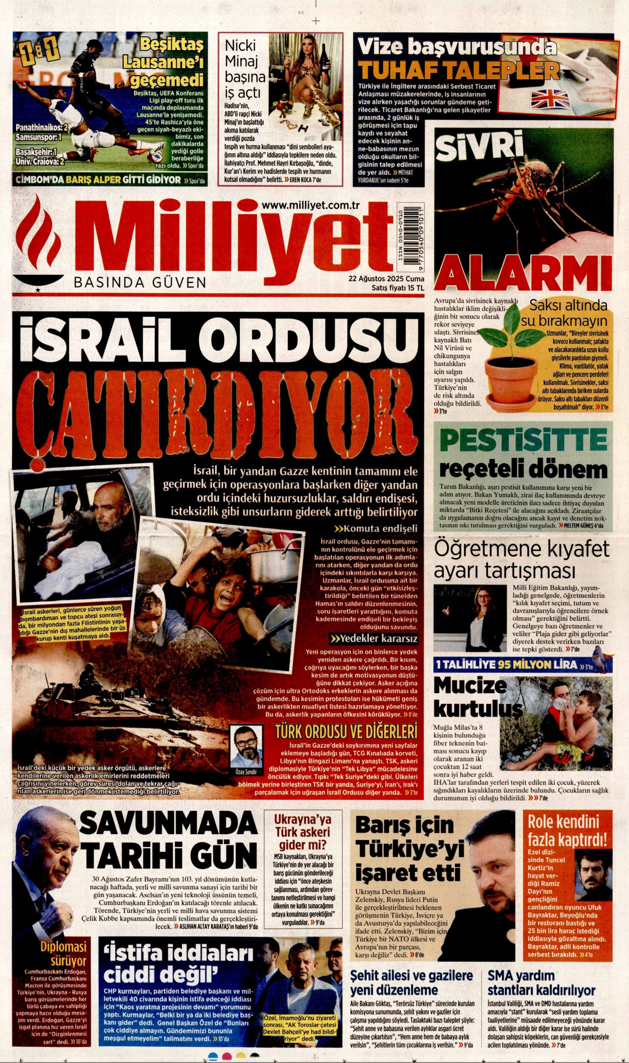 MİLLİYET gazetesinin 22 Ağustos 2025 tarihli birinci sayfası