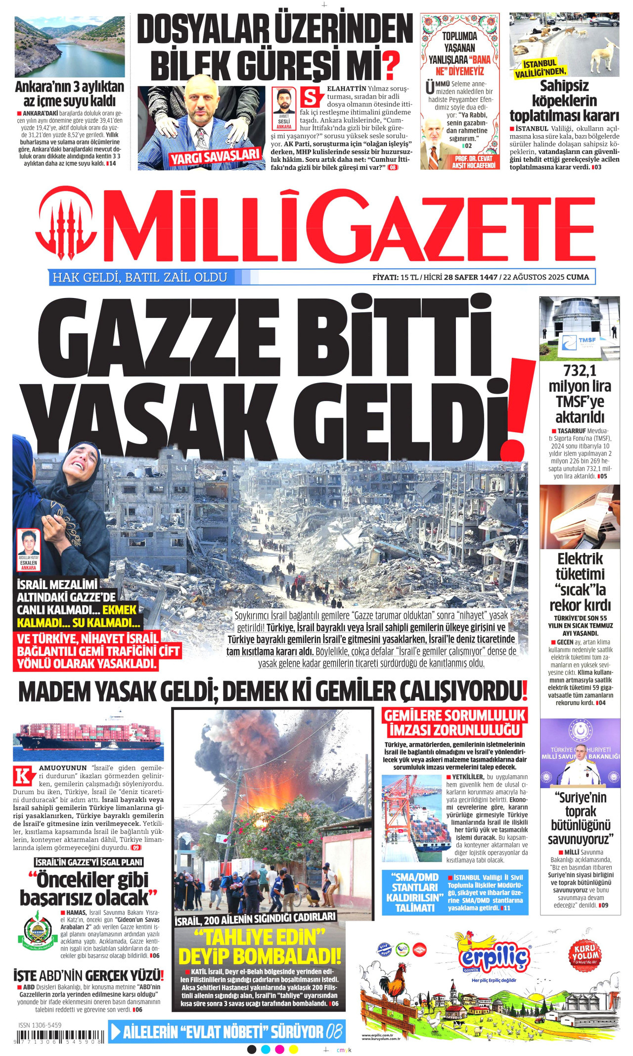 MİLLİ GAZETE gazetesinin 22 Ağustos 2025 tarihli birinci sayfası