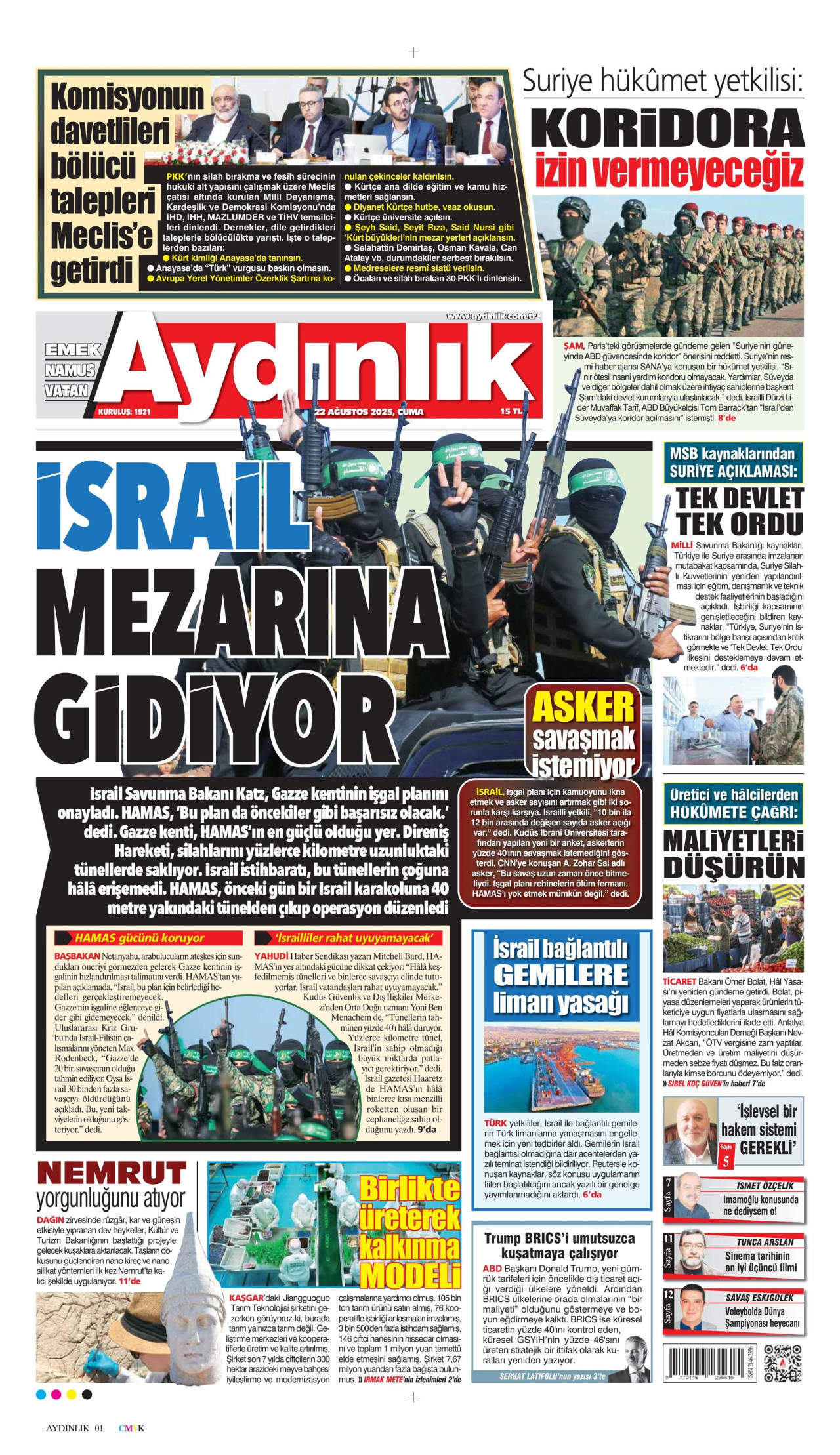AYDINLIK GAZETESİ gazetesinin 22 Ağustos 2025 tarihli birinci sayfası