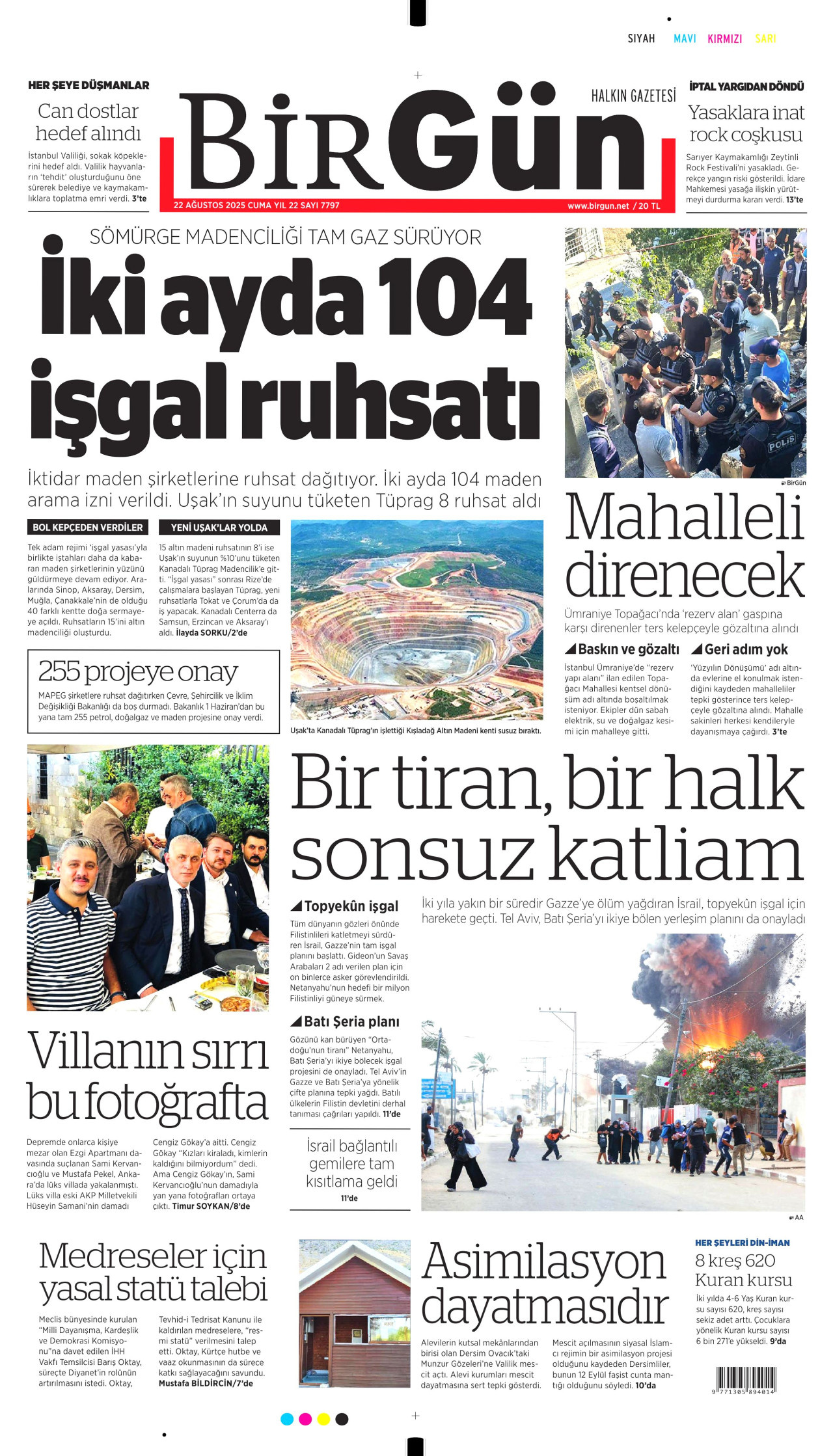 BİRGÜN gazetesinin 22 Ağustos 2025 tarihli birinci sayfası