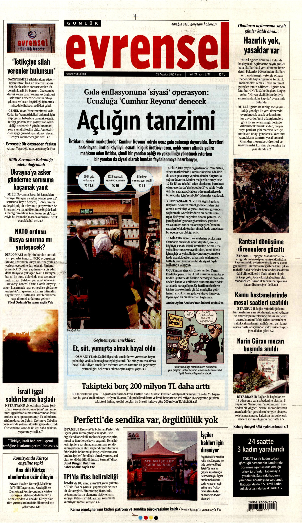 EVRENSEL gazetesinin 22 Ağustos 2025 tarihli birinci sayfası