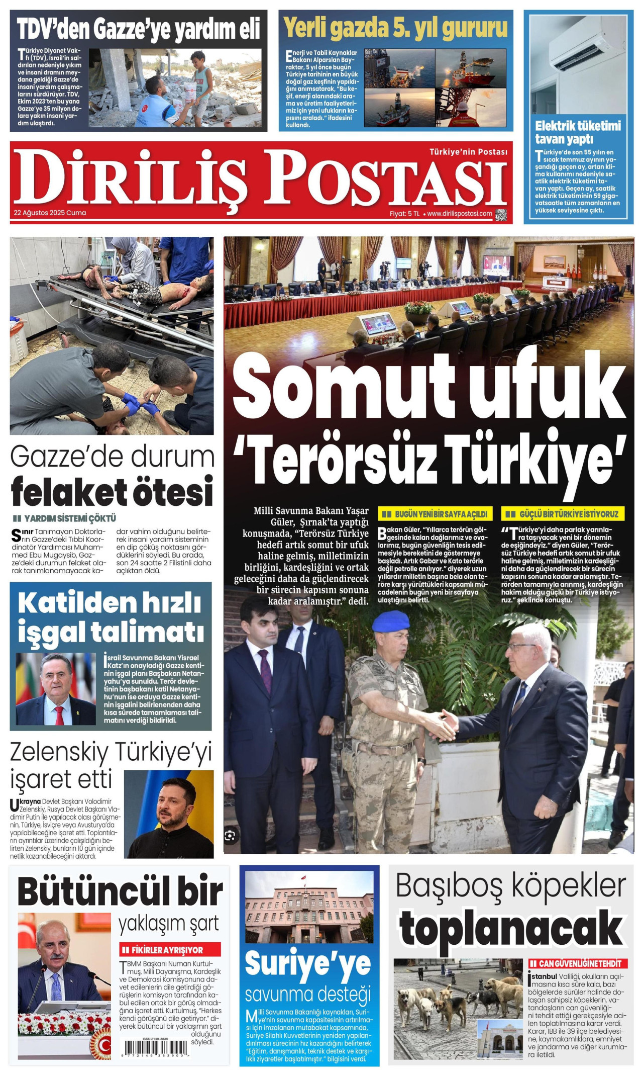 DİRİLİŞ POSTASI gazetesinin 22 Ağustos 2025 tarihli birinci sayfası