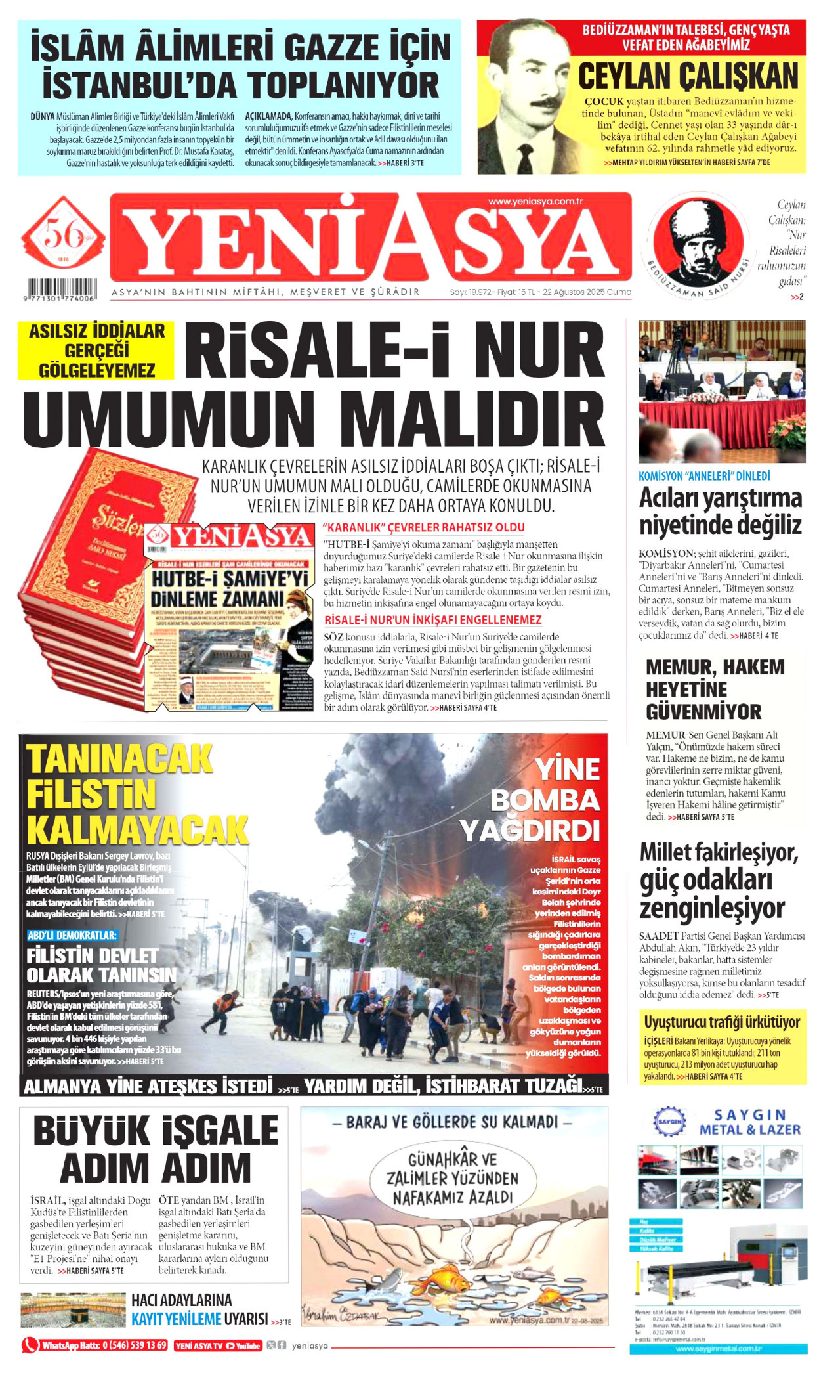 YENİ ASYA gazetesinin 22 Ağustos 2025 tarihli birinci sayfası