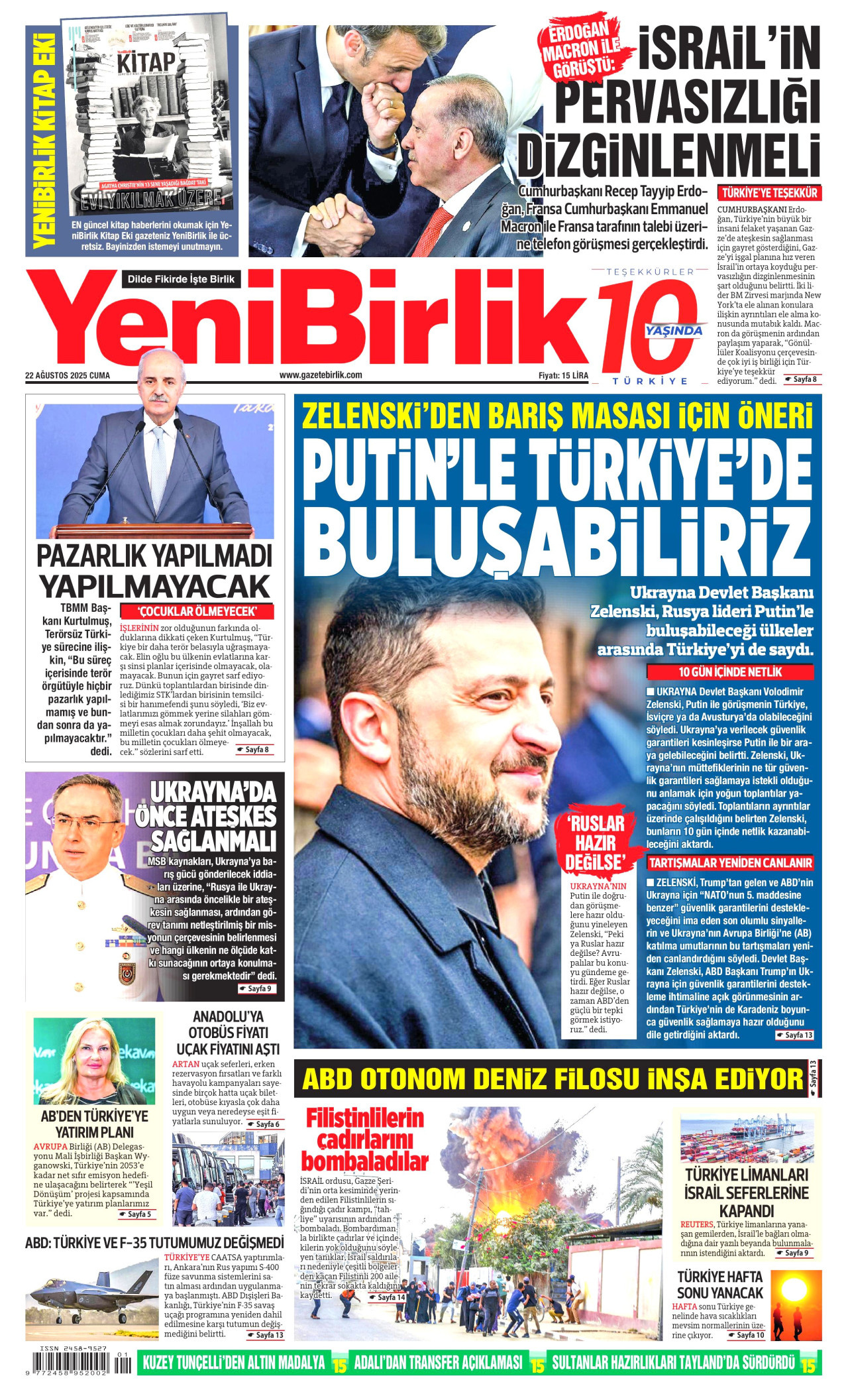 YENİBİRLİK gazetesinin 22 Ağustos 2025 tarihli birinci sayfası