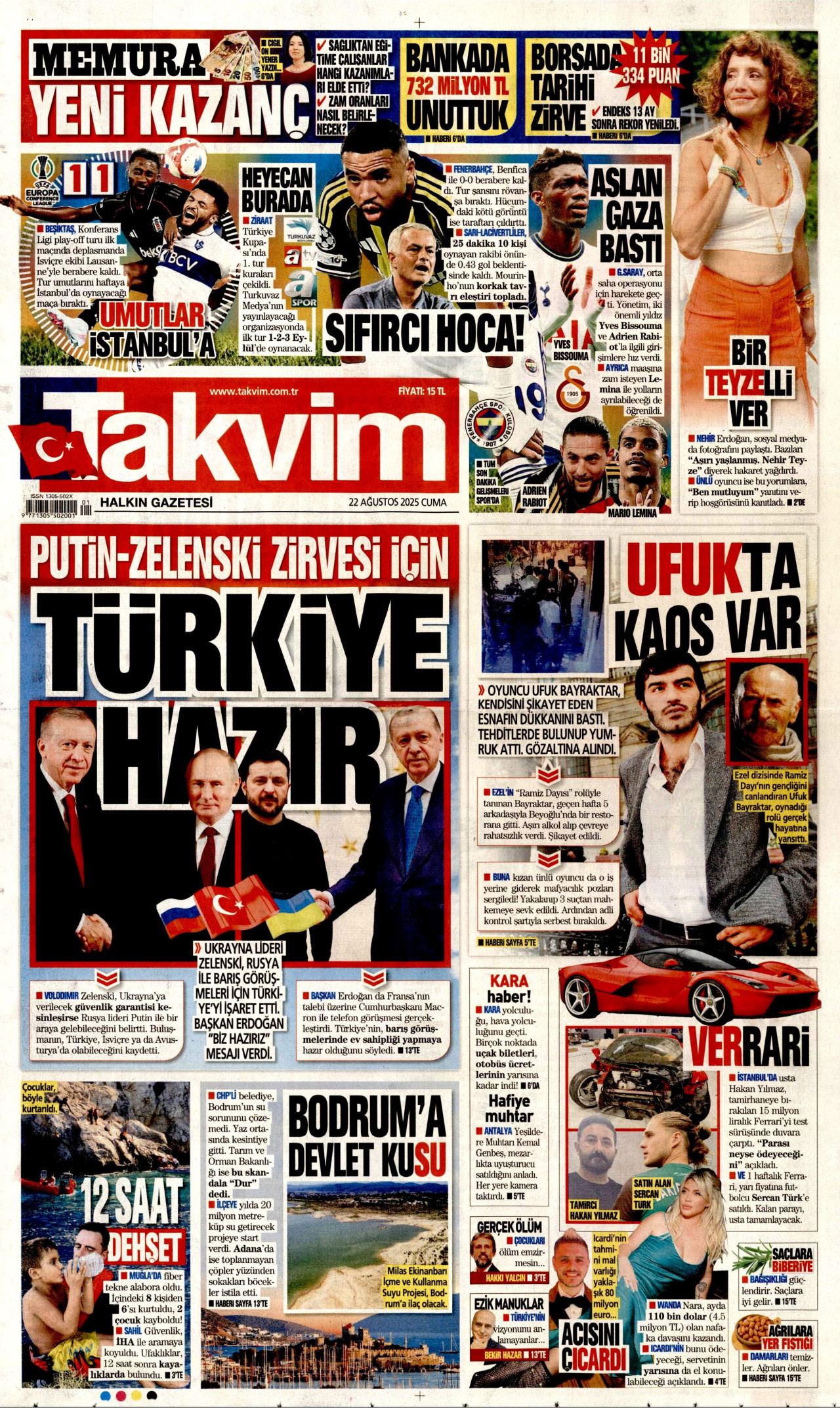 TAKVİM gazetesinin 22 Ağustos 2025 tarihli birinci sayfası
