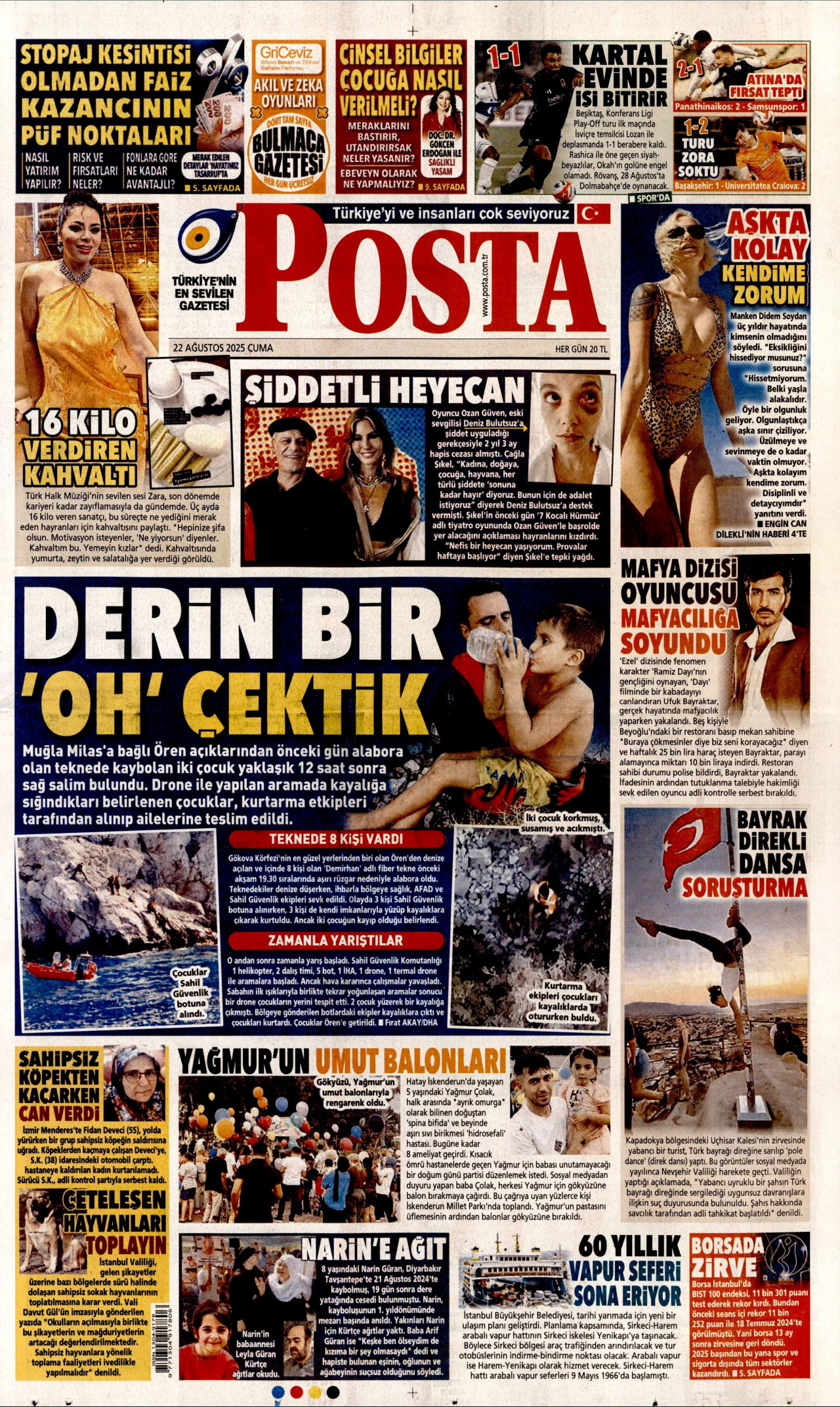 POSTA gazetesinin 22 Ağustos 2025 tarihli birinci sayfası