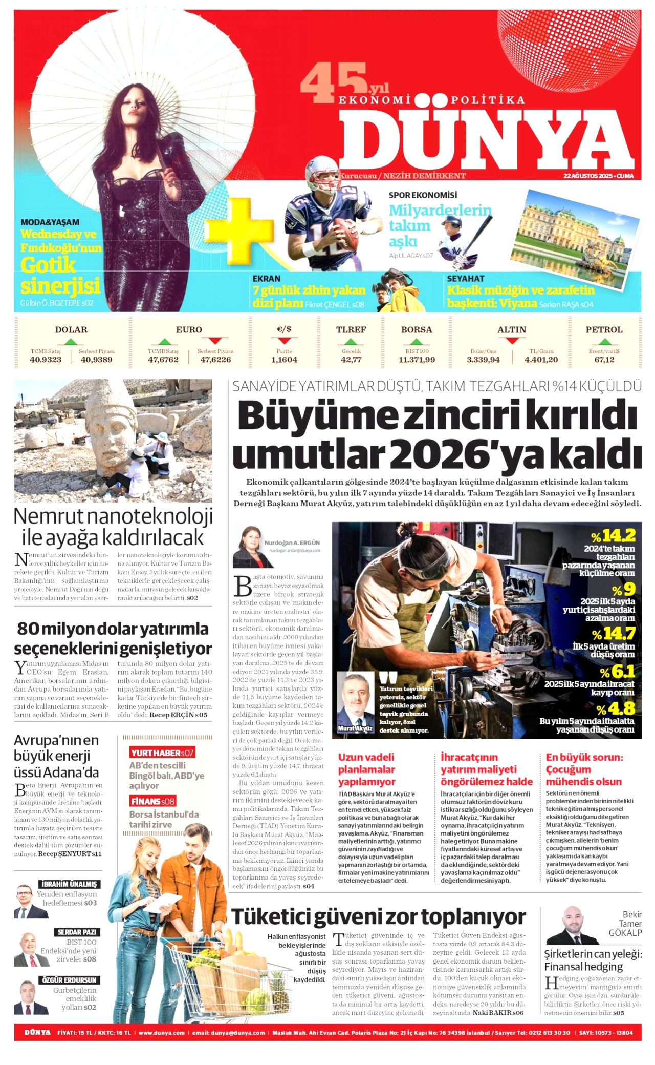 DÜNYA gazetesinin 22 Ağustos 2025 tarihli birinci sayfası