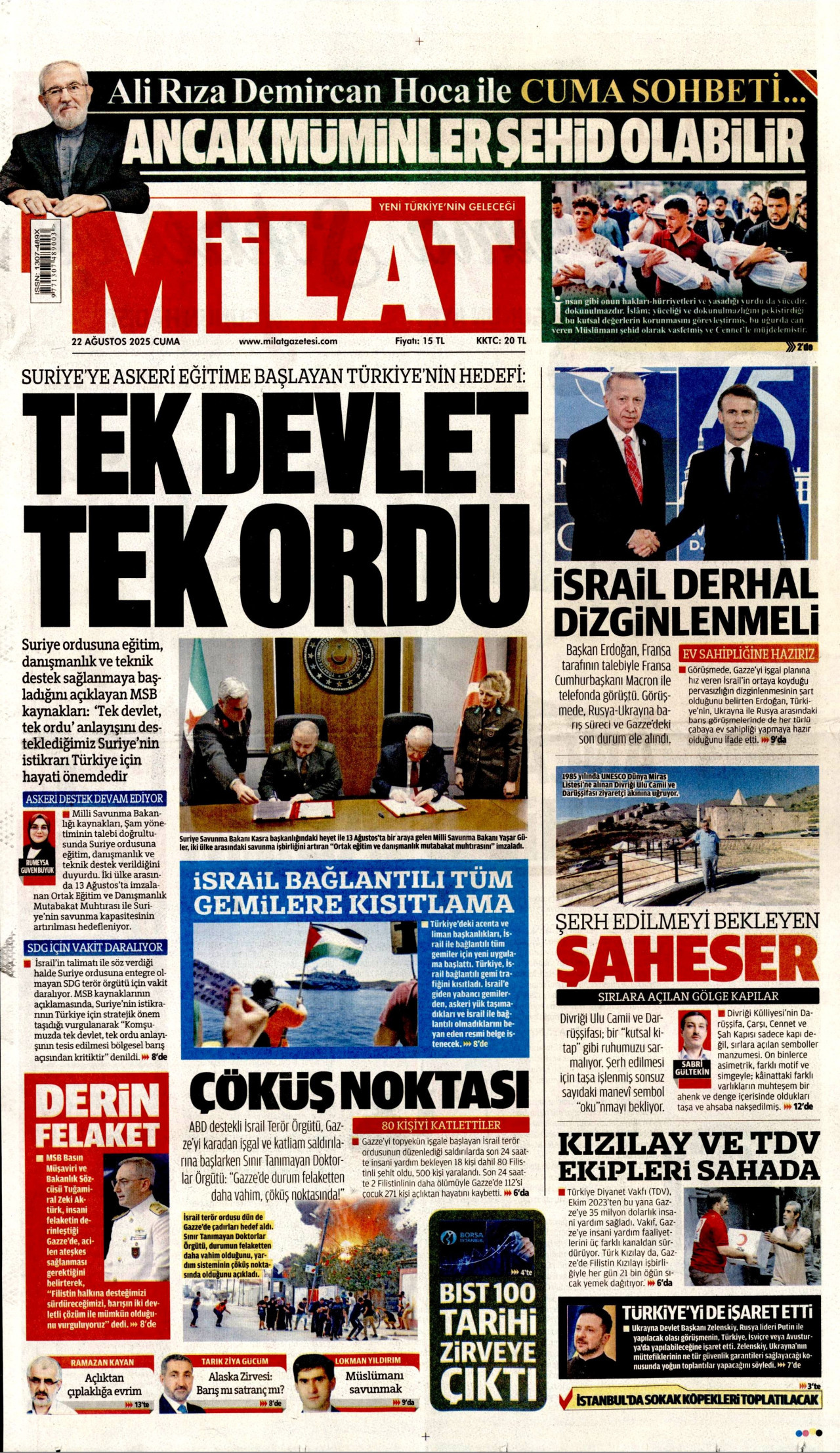 MİLAT gazetesinin 22 Ağustos 2025 tarihli birinci sayfası