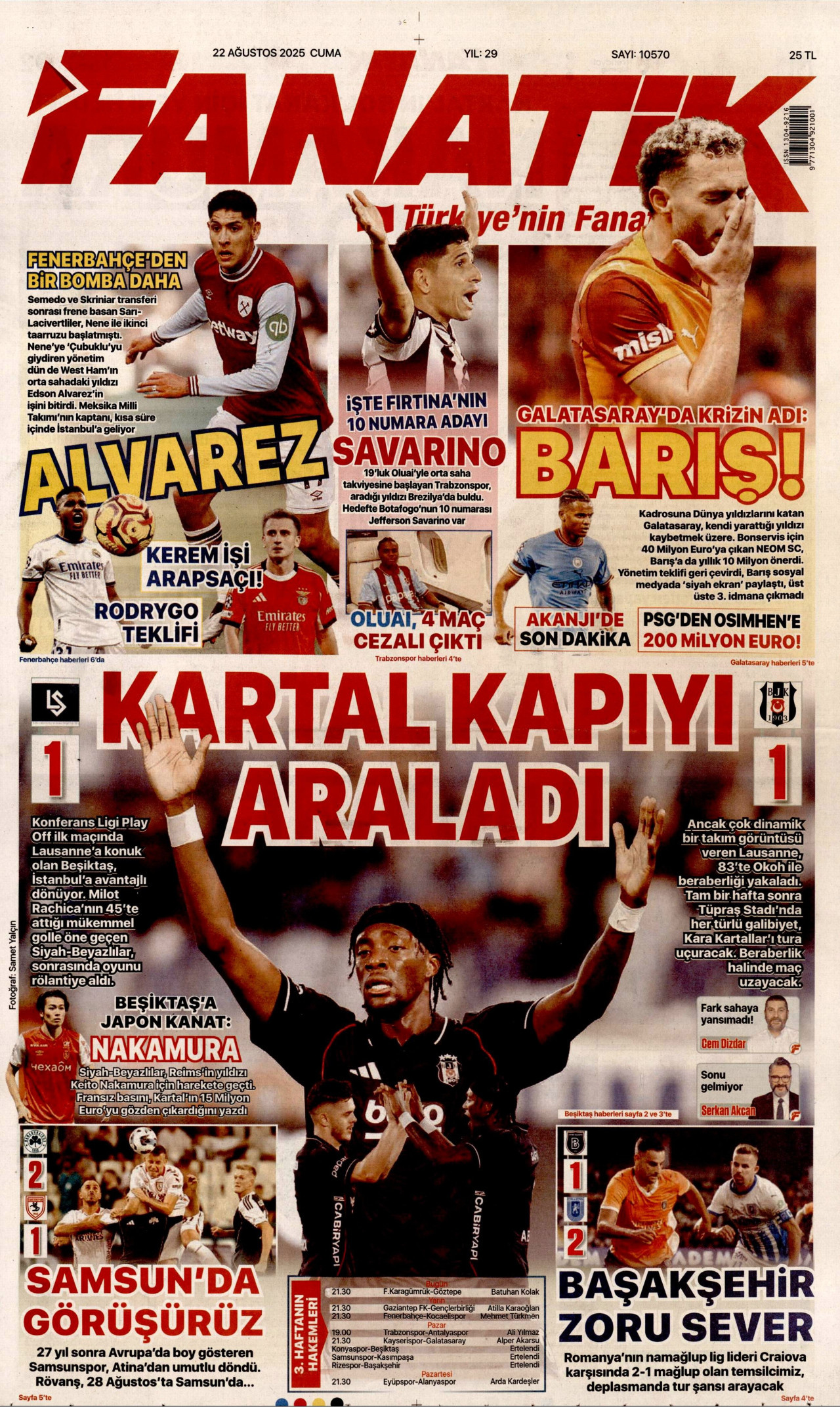 FANATİK gazetesinin 22 Ağustos 2025 tarihli birinci sayfası