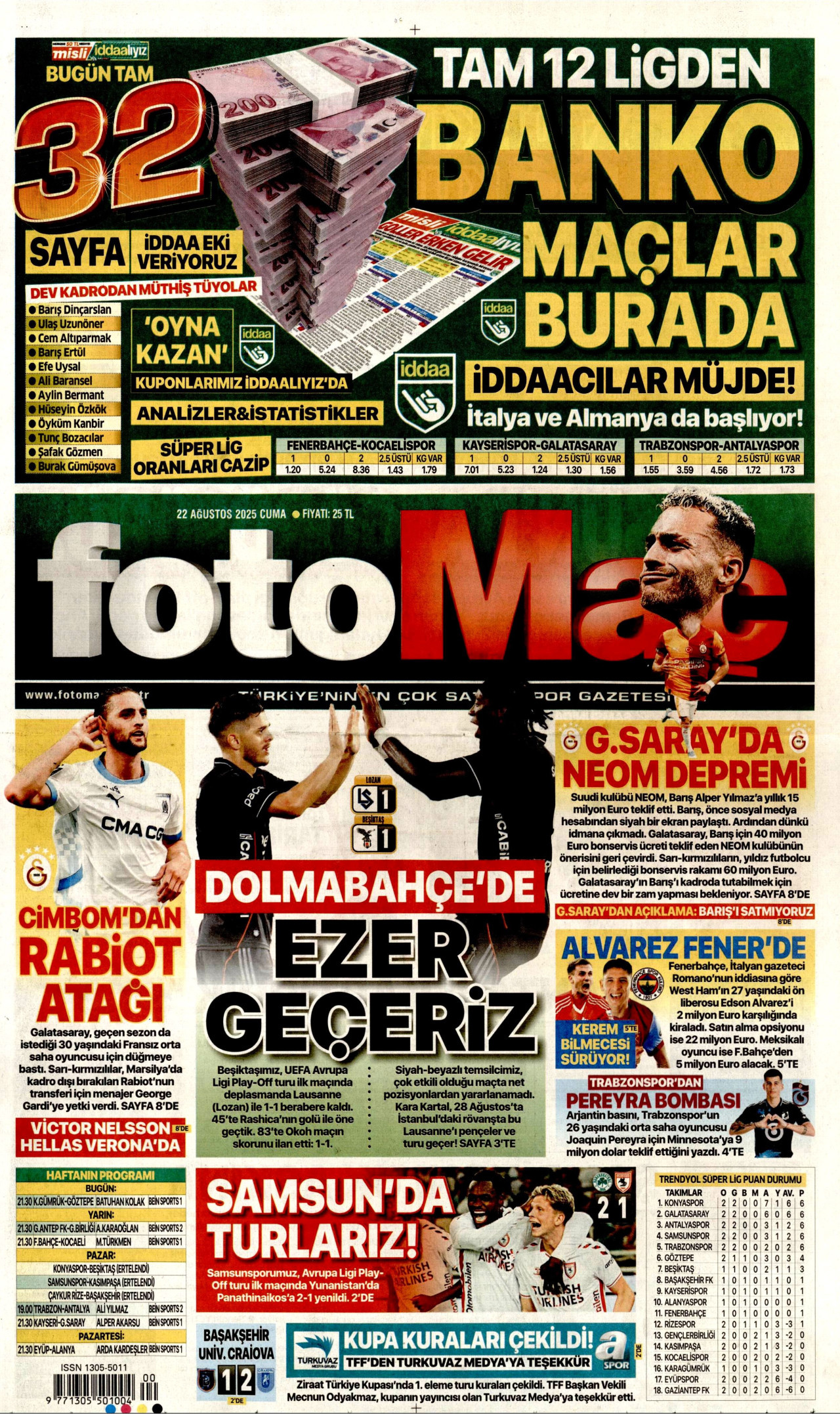 FOTOMAÇ gazetesinin 22 Ağustos 2025 tarihli birinci sayfası