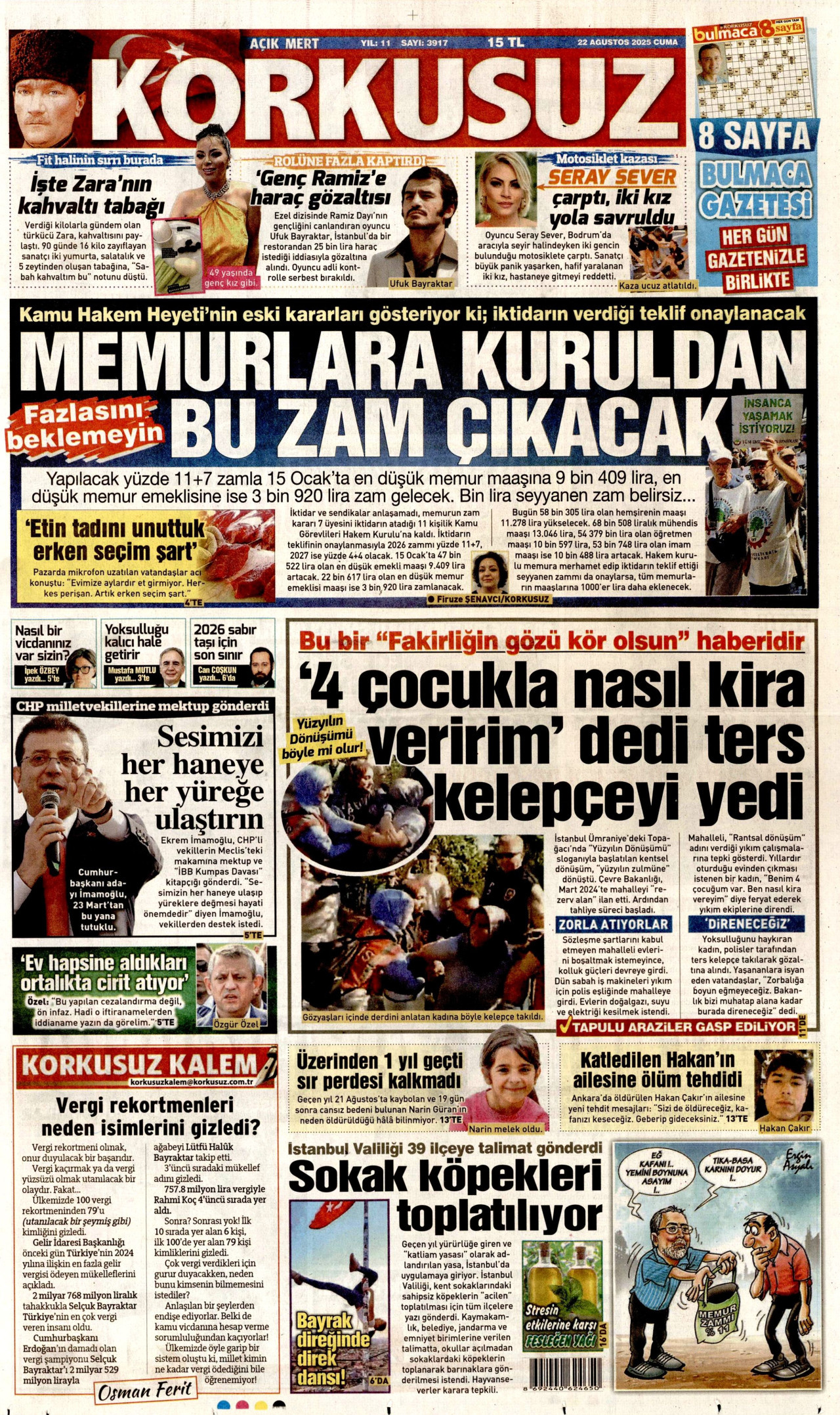 KORKUSUZ gazetesinin 22 Ağustos 2025 tarihli birinci sayfası