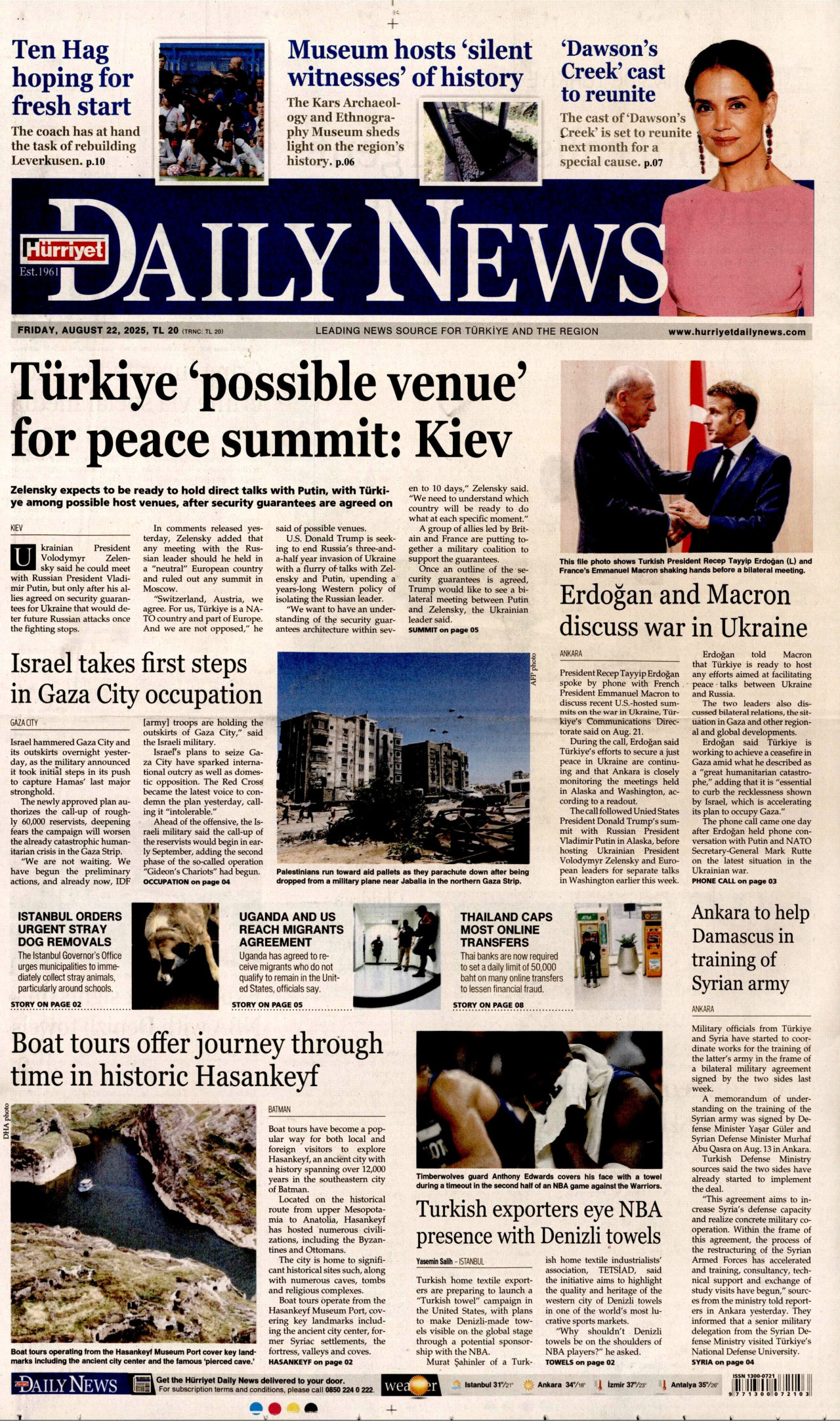 HÜRRİYET DAİLY NEWS gazetesinin 22 Ağustos 2025 tarihli birinci sayfası