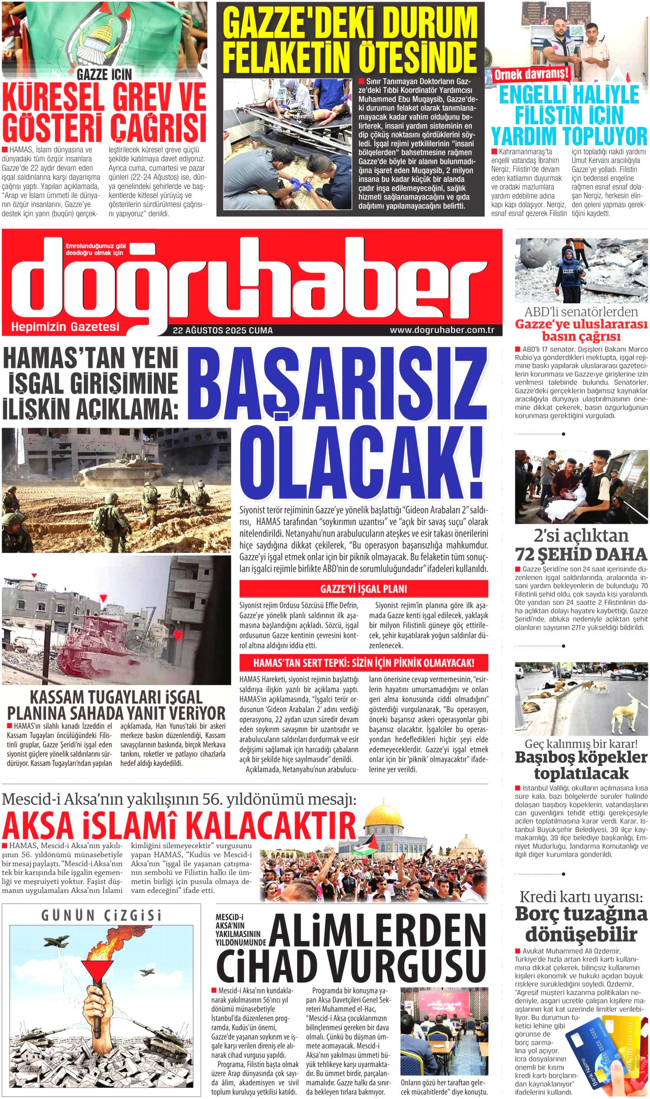 DOĞRU HABER gazetesinin 22 Ağustos 2025 tarihli birinci sayfası