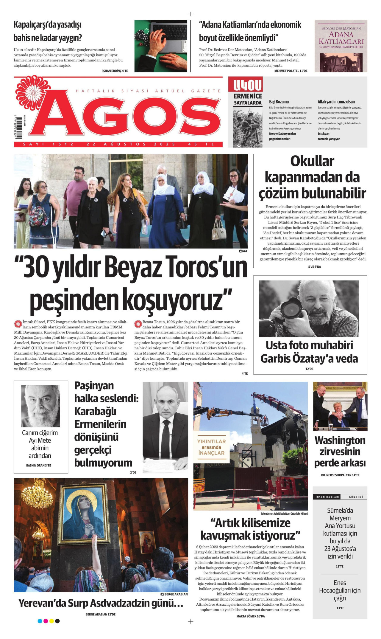 AGOS gazetesinin 22 Ağustos 2025 tarihli birinci sayfası