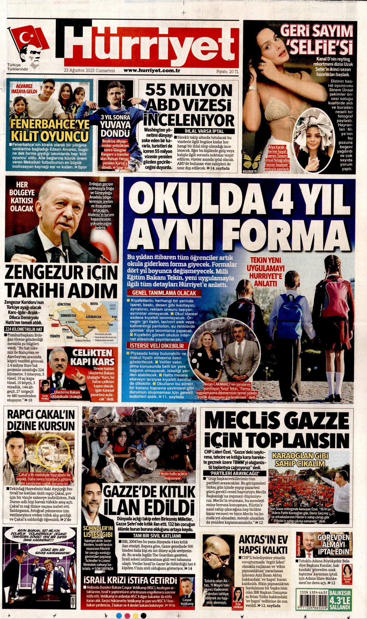 HÜRRİYET gazetesinin 23 Ağustos 2025 tarihli birinci sayfası
