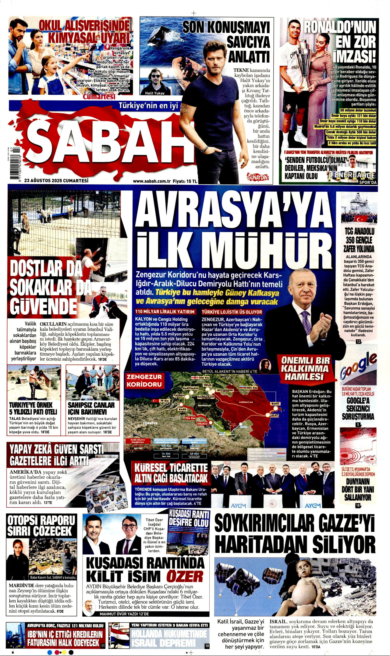 SABAH gazetesinin 23 Ağustos 2025 tarihli birinci sayfası