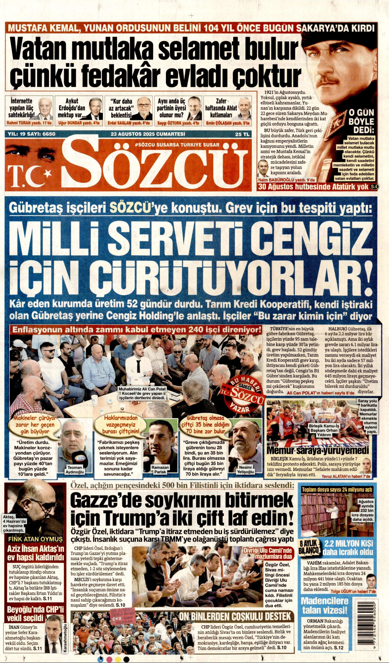 SÖZCÜ gazetesinin 23 Ağustos 2025 tarihli birinci sayfası