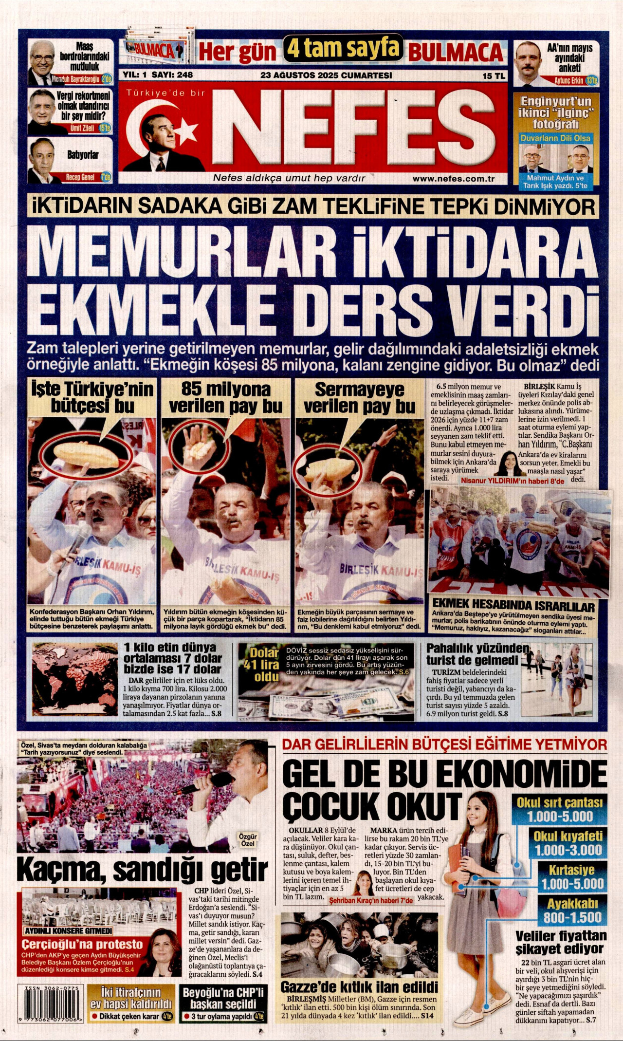 NEFES gazetesinin 23 Ağustos 2025 tarihli birinci sayfası