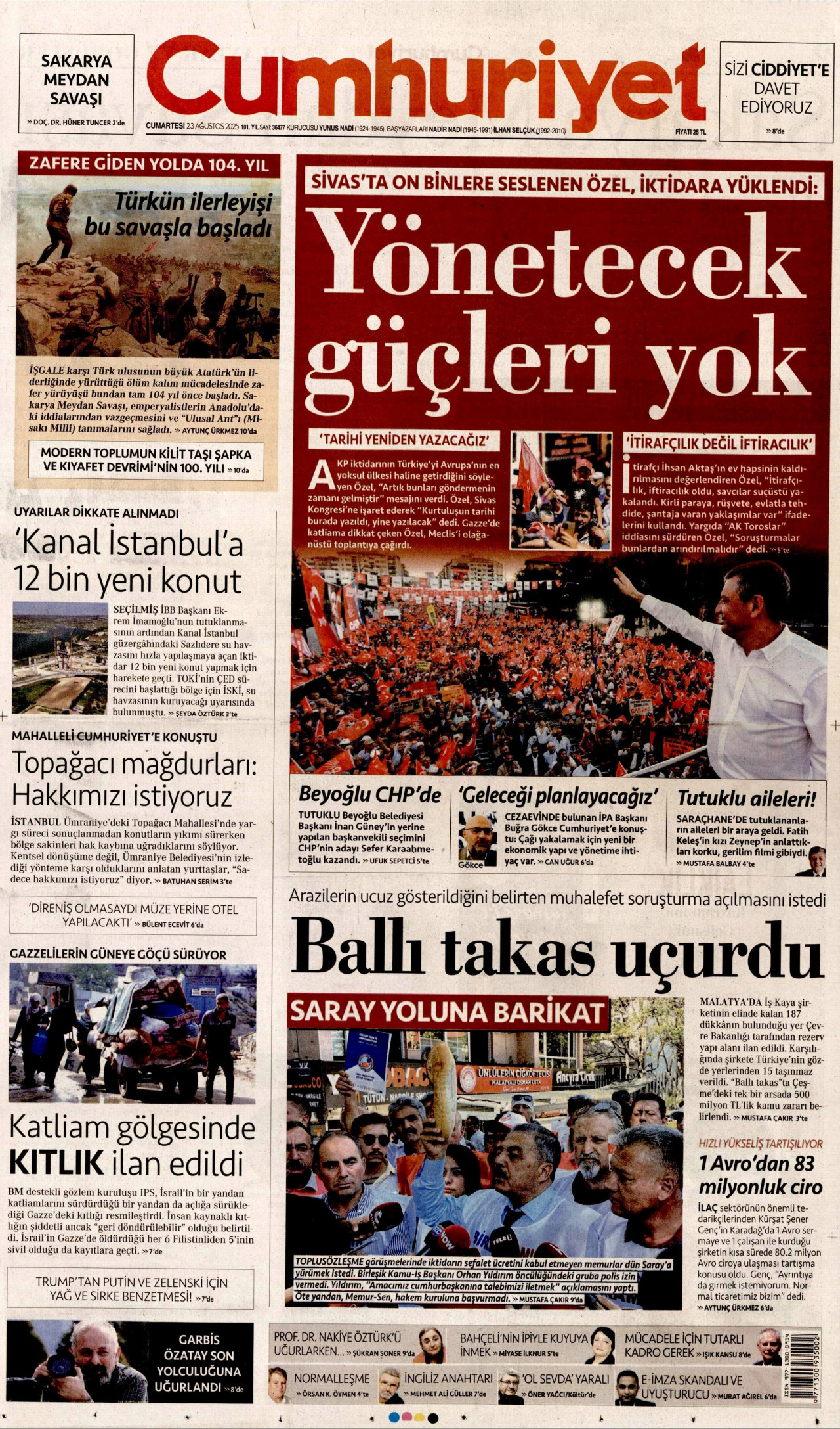 CUMHURİYET gazetesinin 23 Ağustos 2025 tarihli birinci sayfası